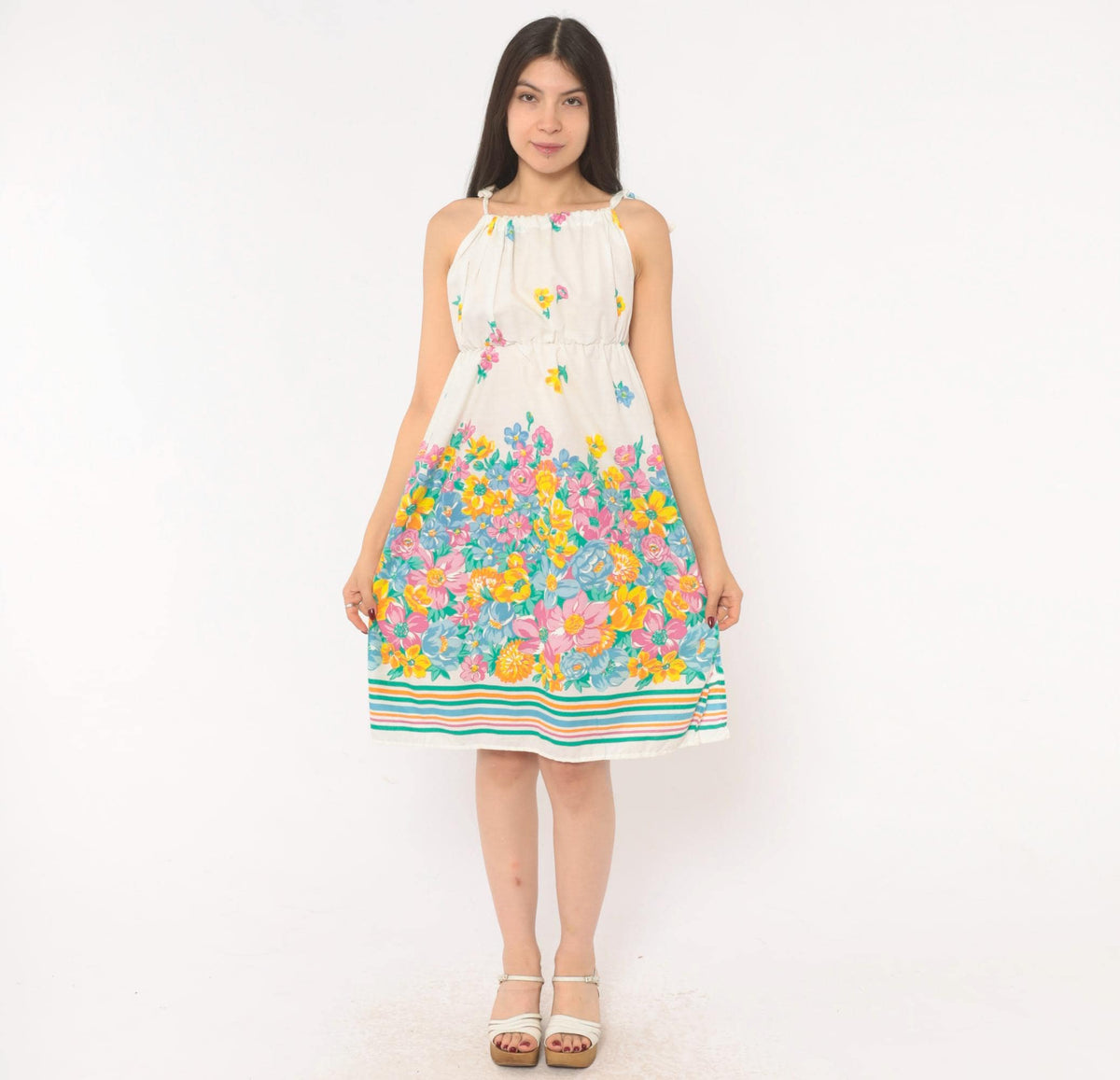 80s White Floral Cotton Sundress Tie Shoulder Knee Length Extra Small XS