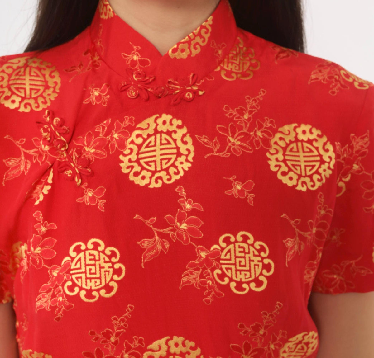 80s Red Gold Cheongsam Midi Dress Mandarin Collar Frog Button Small