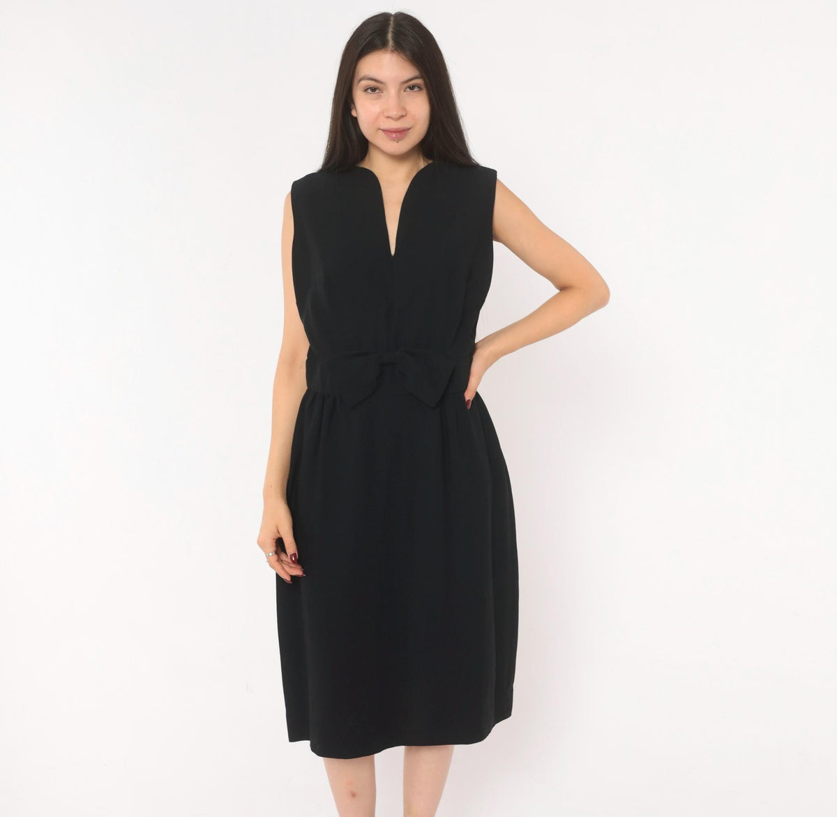 60s Black Mod Sleeveless Dress Bow Waist Knee Length A-Line Large L