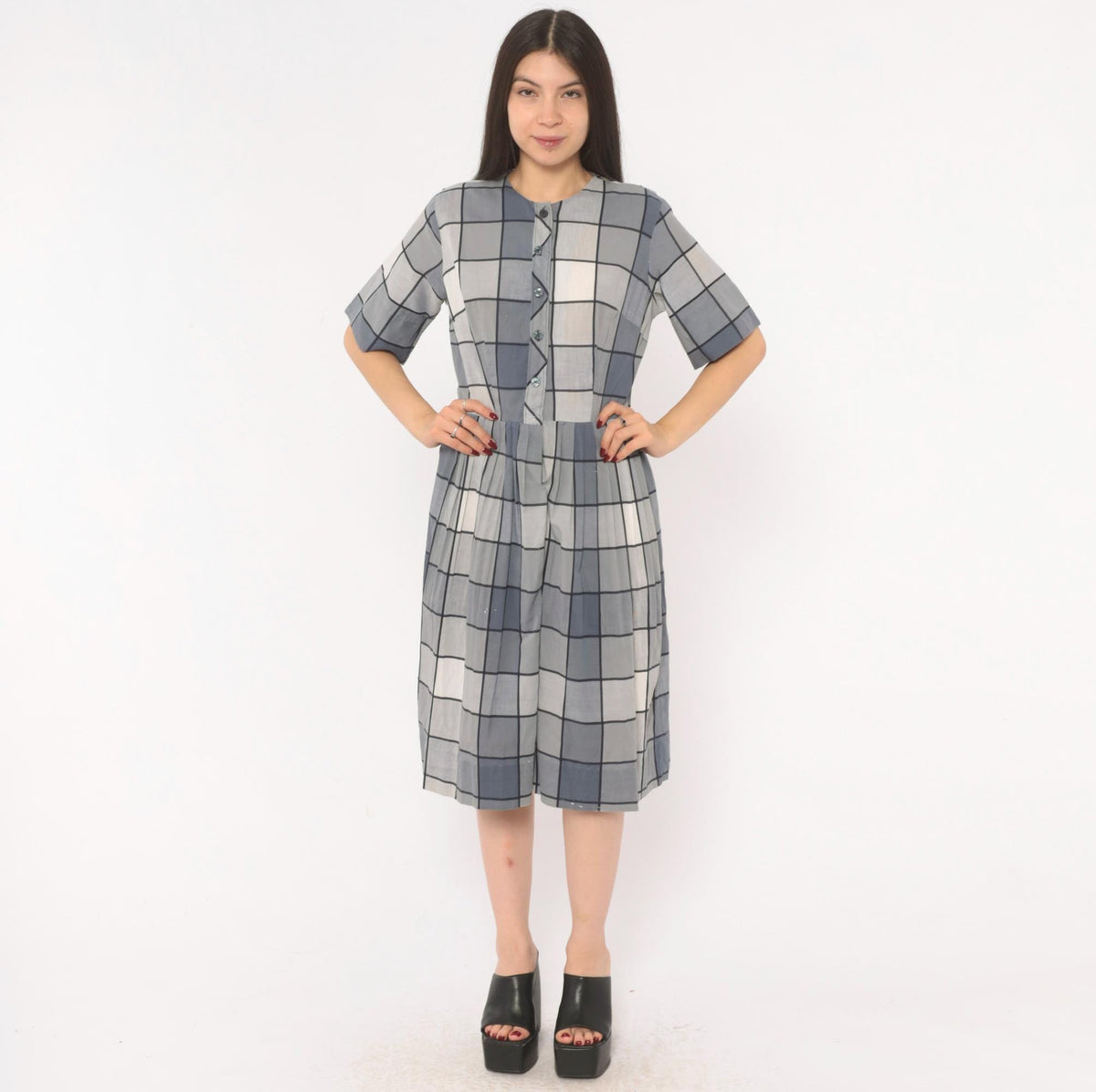 80s Windowpane Plaid Cotton Midi Dress Grey Blue Button Front Medium