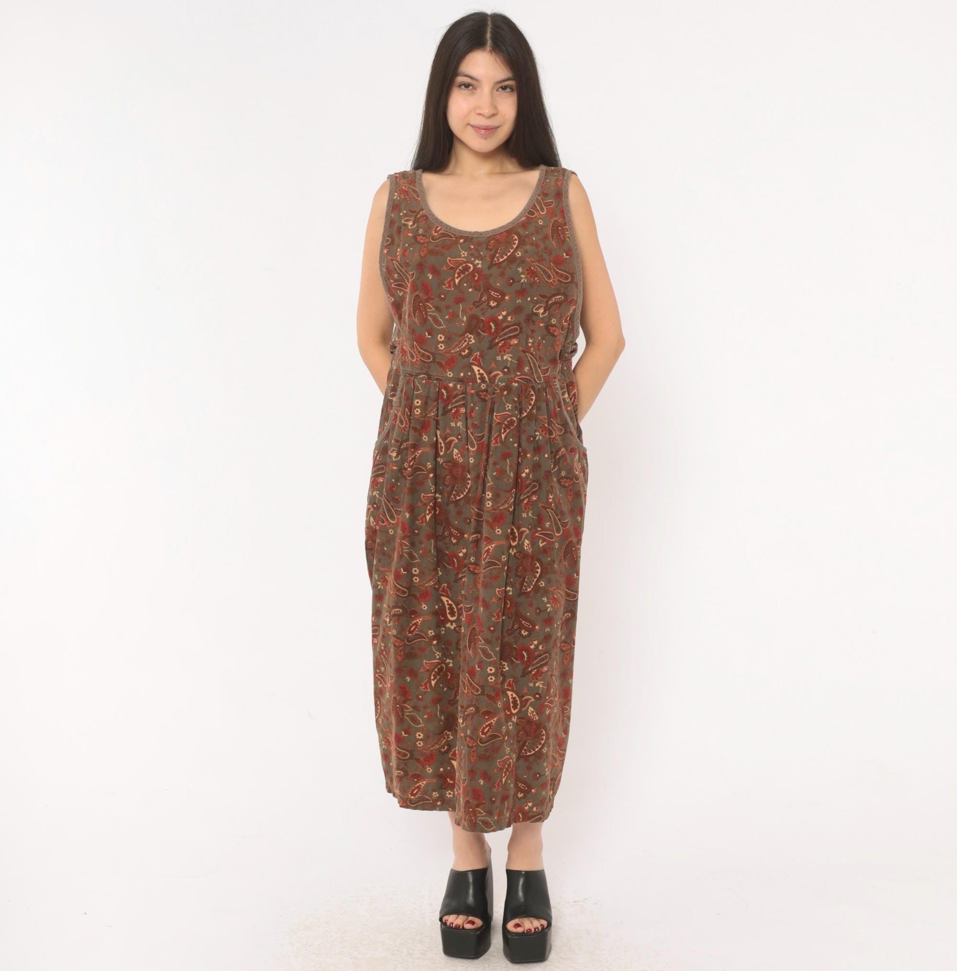 90s Erika Paisley Corduroy Jumper Dress Olive Maxi Pleated Skirt Extra Large XXL