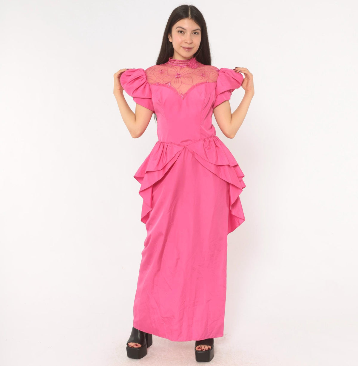 80s Eve Of Milady Hot Pink Maxi Gown Puff Sleeve Peplum Lace Bodice Small