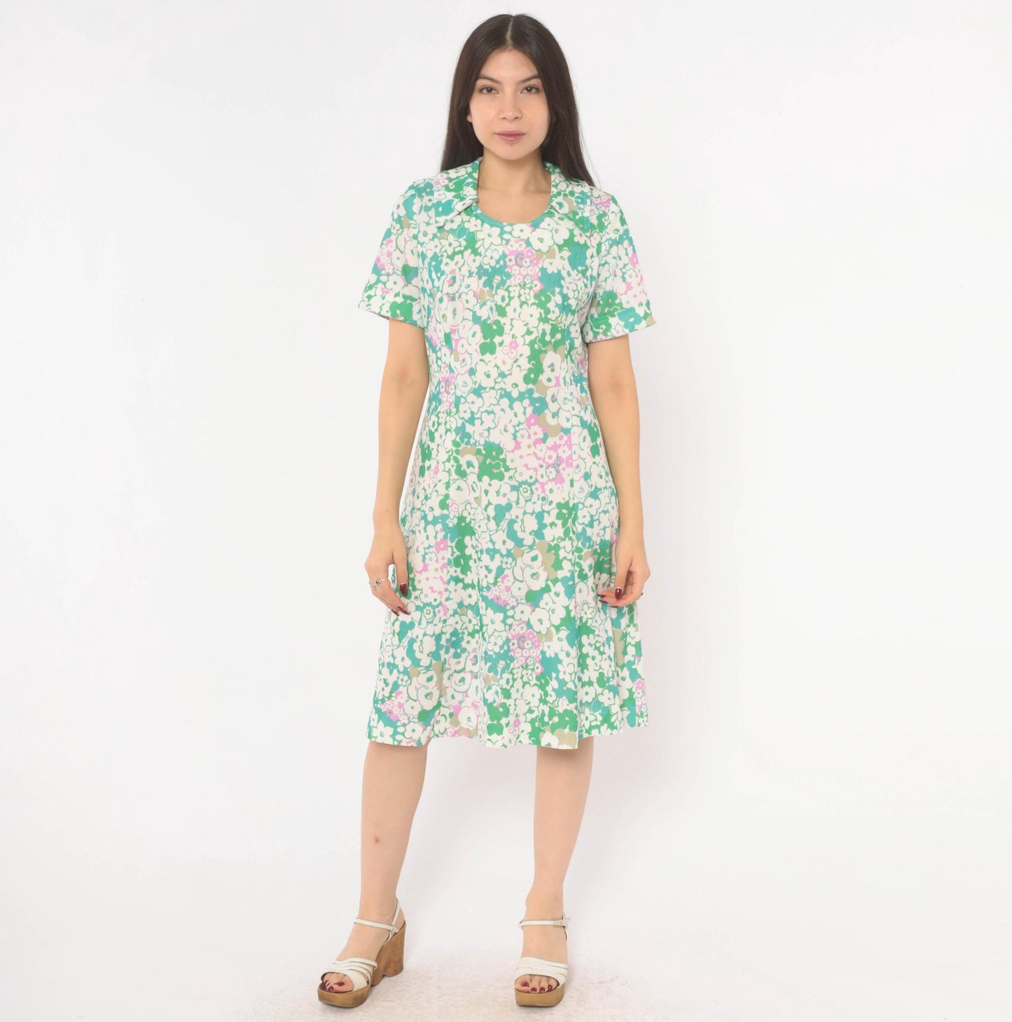 70s Psychedelic Floral A-Line Dress Green Pink White Scoop Collar Knee Medium