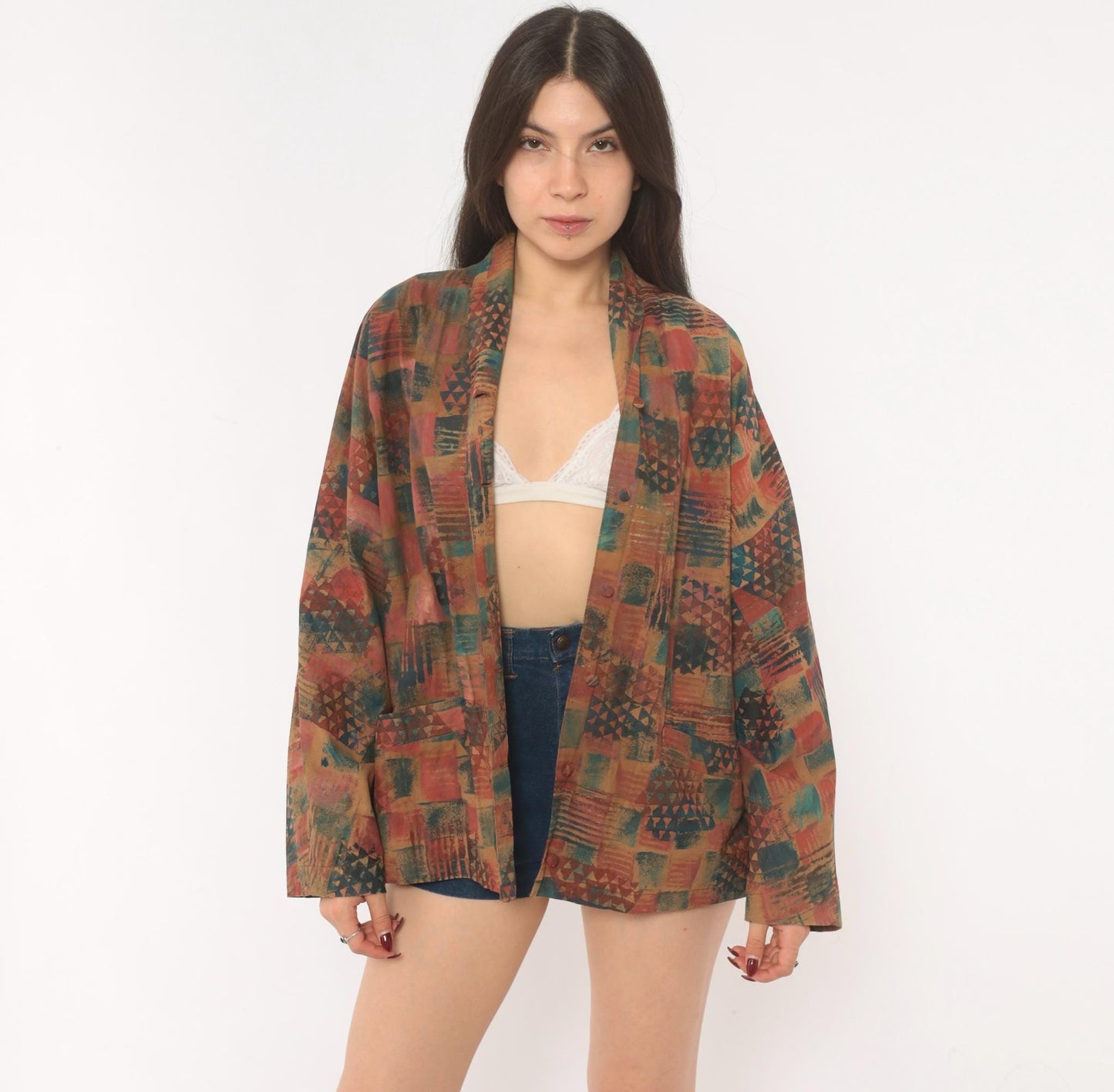 Y2K Abstract Geometric Blazer Shawl Collar Patchwork Rust Teal Medium M