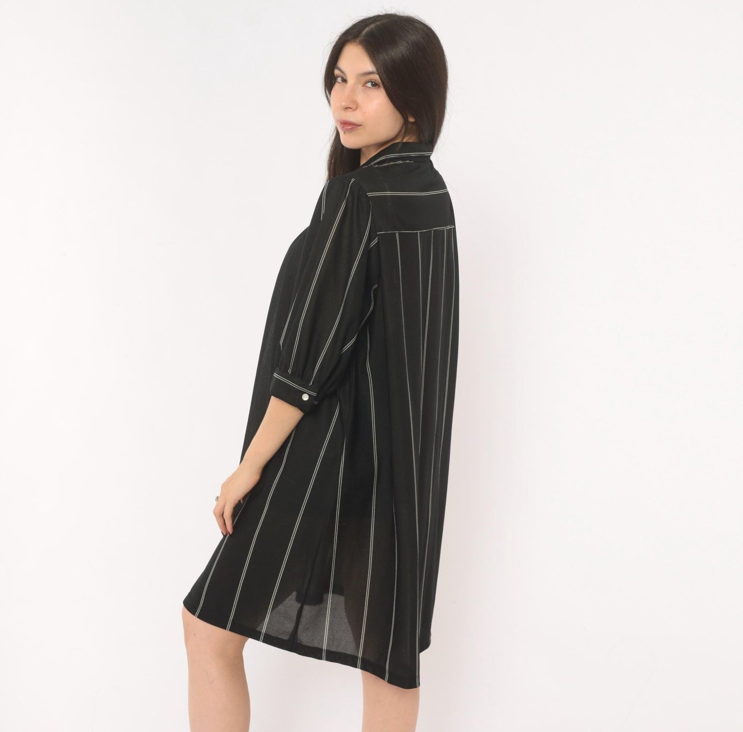 70s Black Pinstripe Shirt Dress Knee-Length Collared Button Front Medium