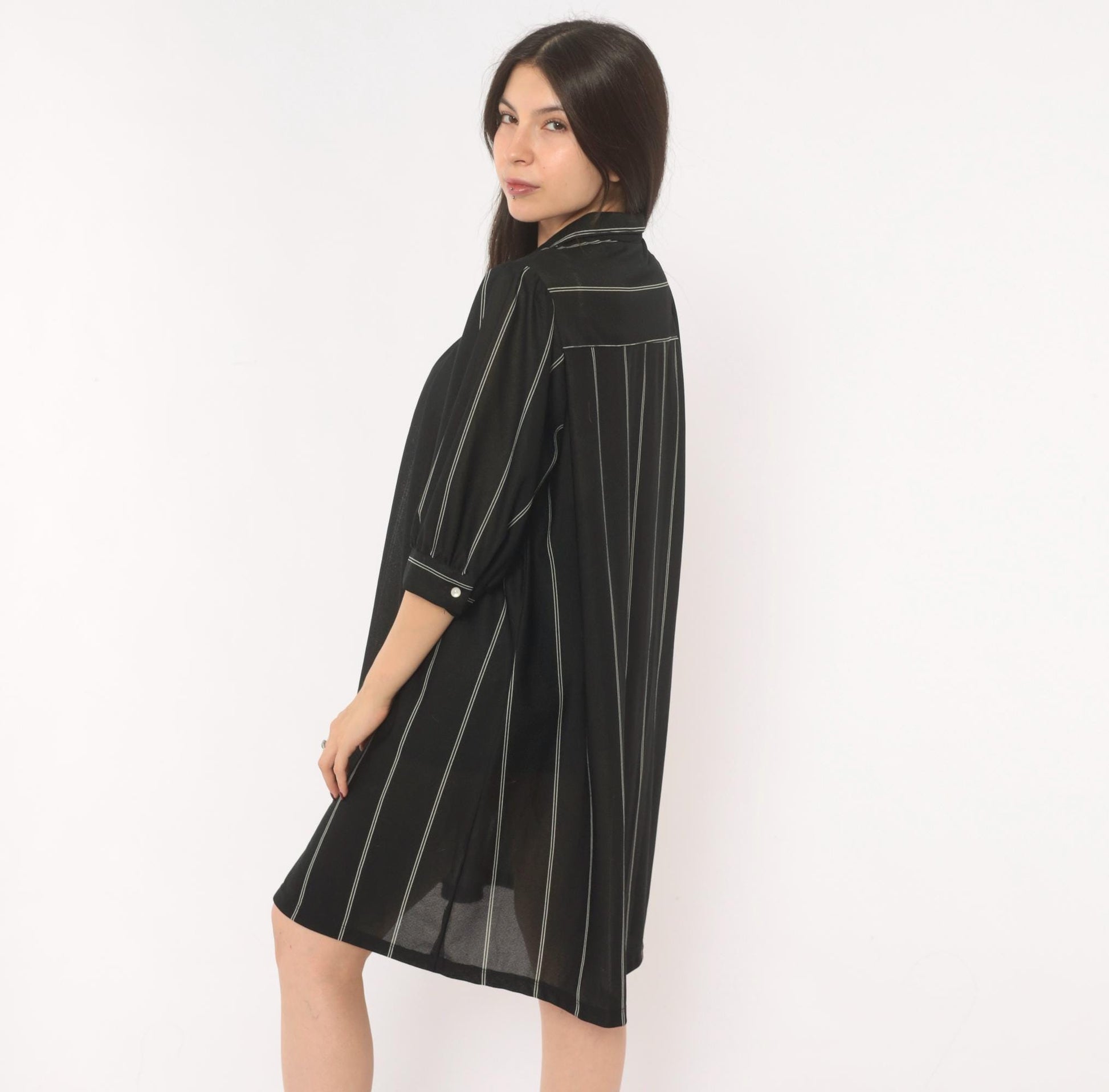 70s Black Pinstripe Shirt Dress Knee-Length Collared Button Front Medium