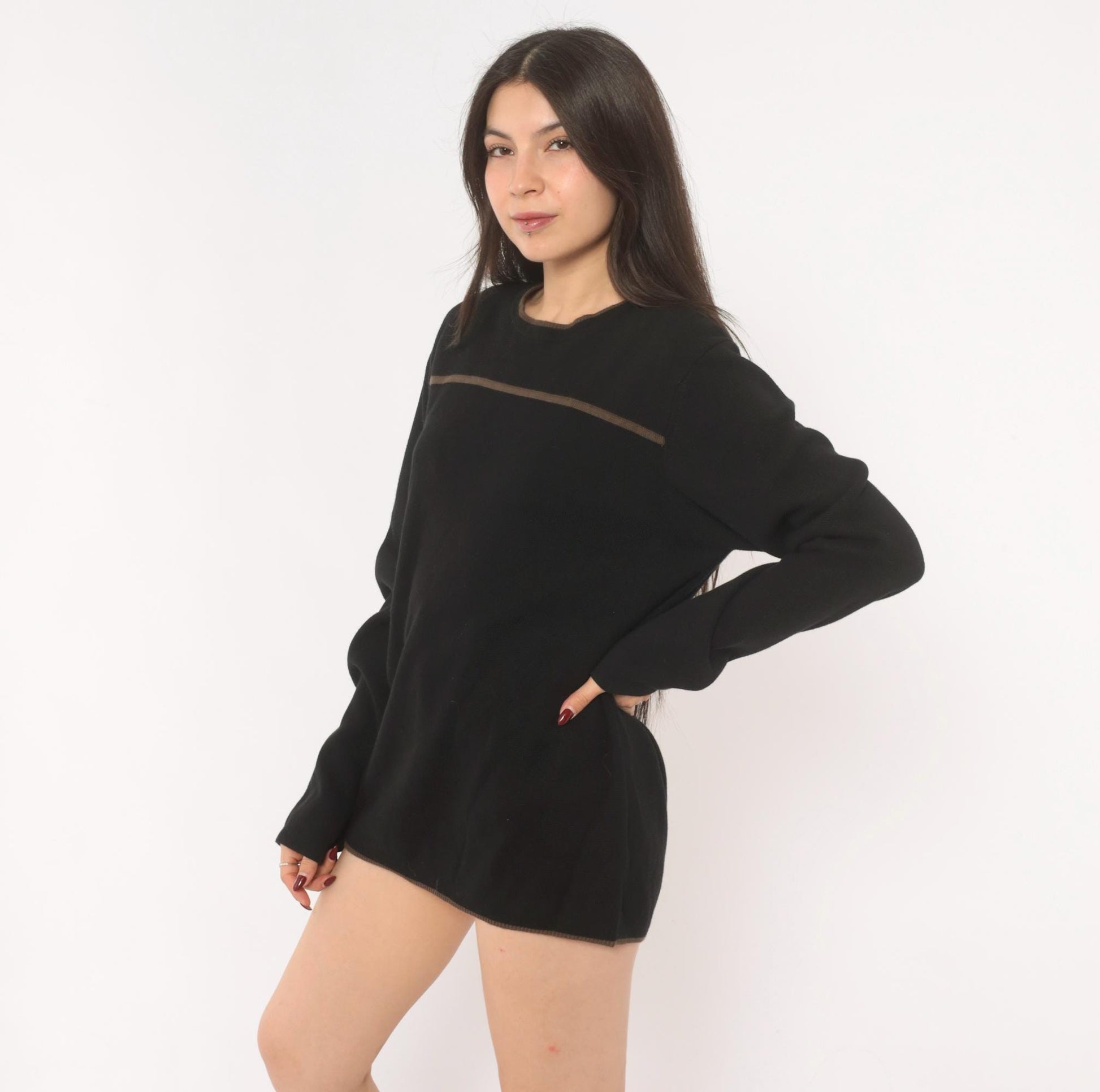 90s Reunion Black Knit Sweater Tan Stripe Crewneck Medium