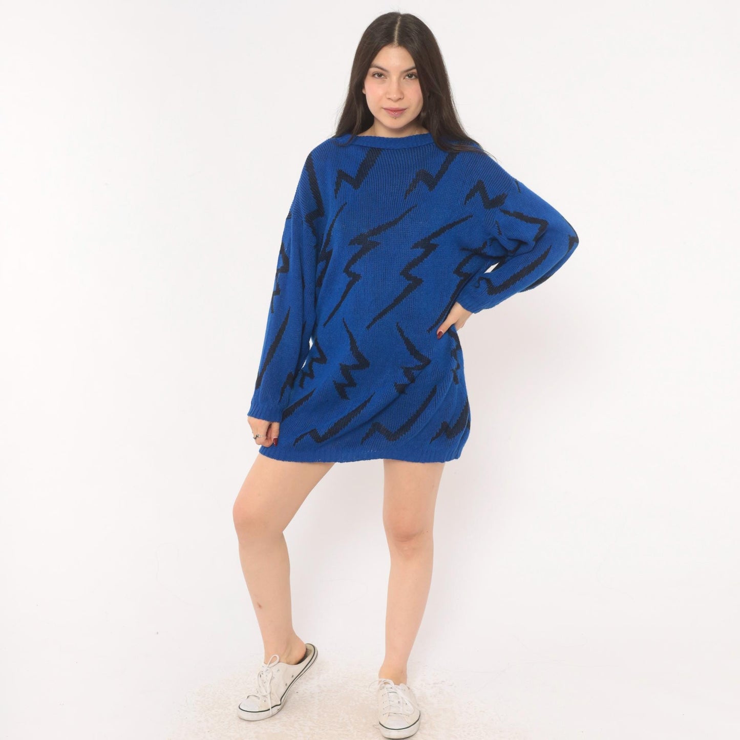 80s Cobalt Blue Lightning Bolt Knit Pullover Black Zigzag Crewneck Medium