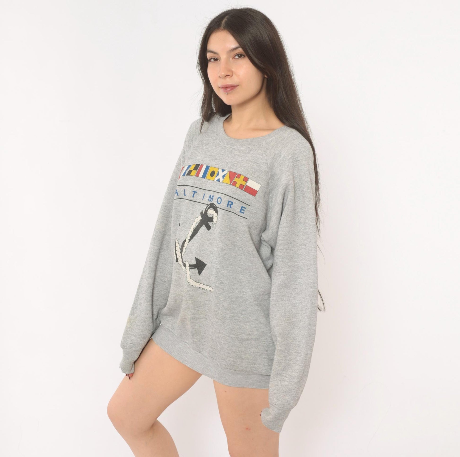 90s Fruit Of The Loom Baltimore Nautical Anchor Sweatshirt Grey Heather Extra Large