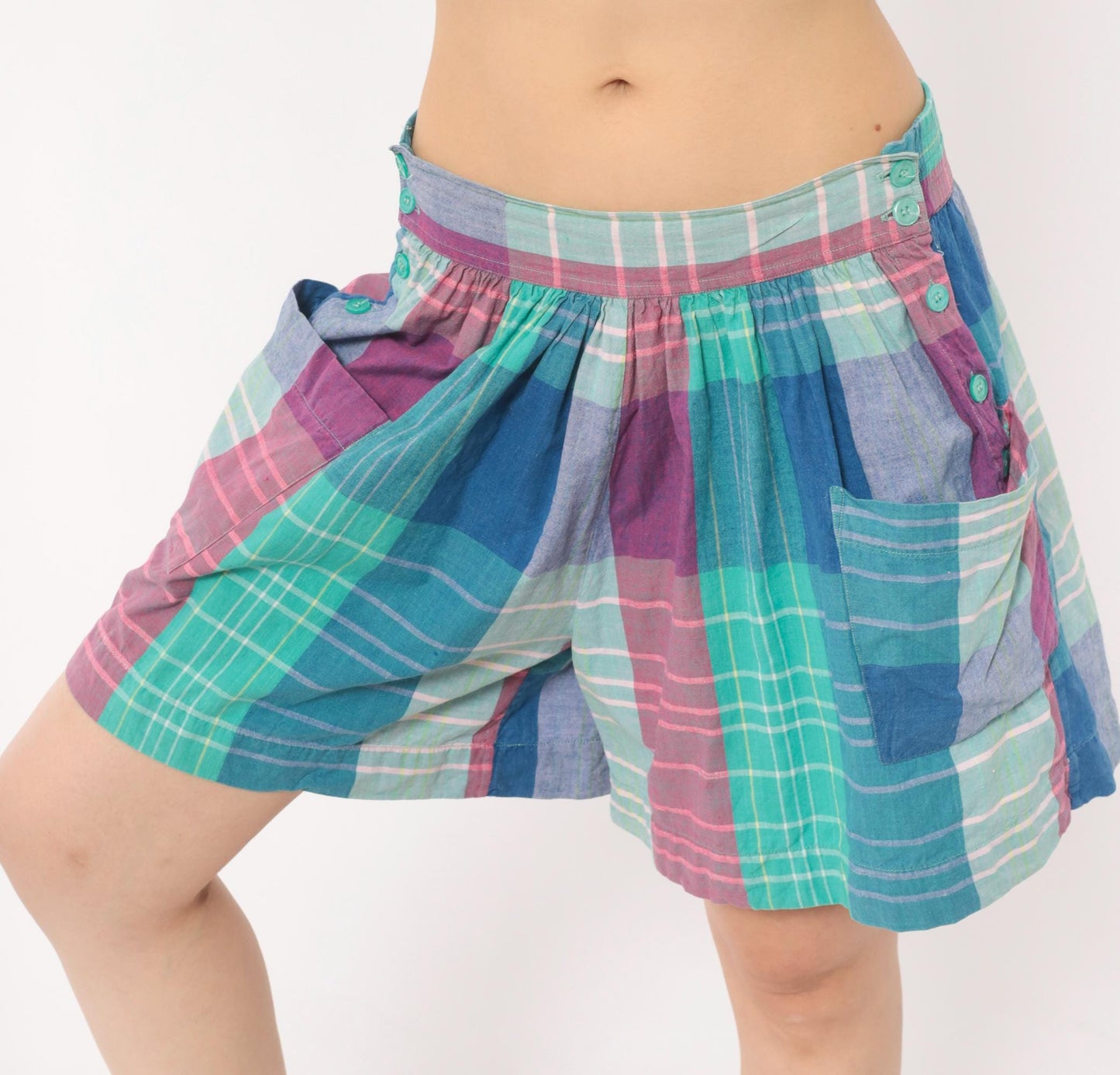 90s Technics Madras Plaid Shorts High Waisted Wide Leg Cotton Teal Pink Large L