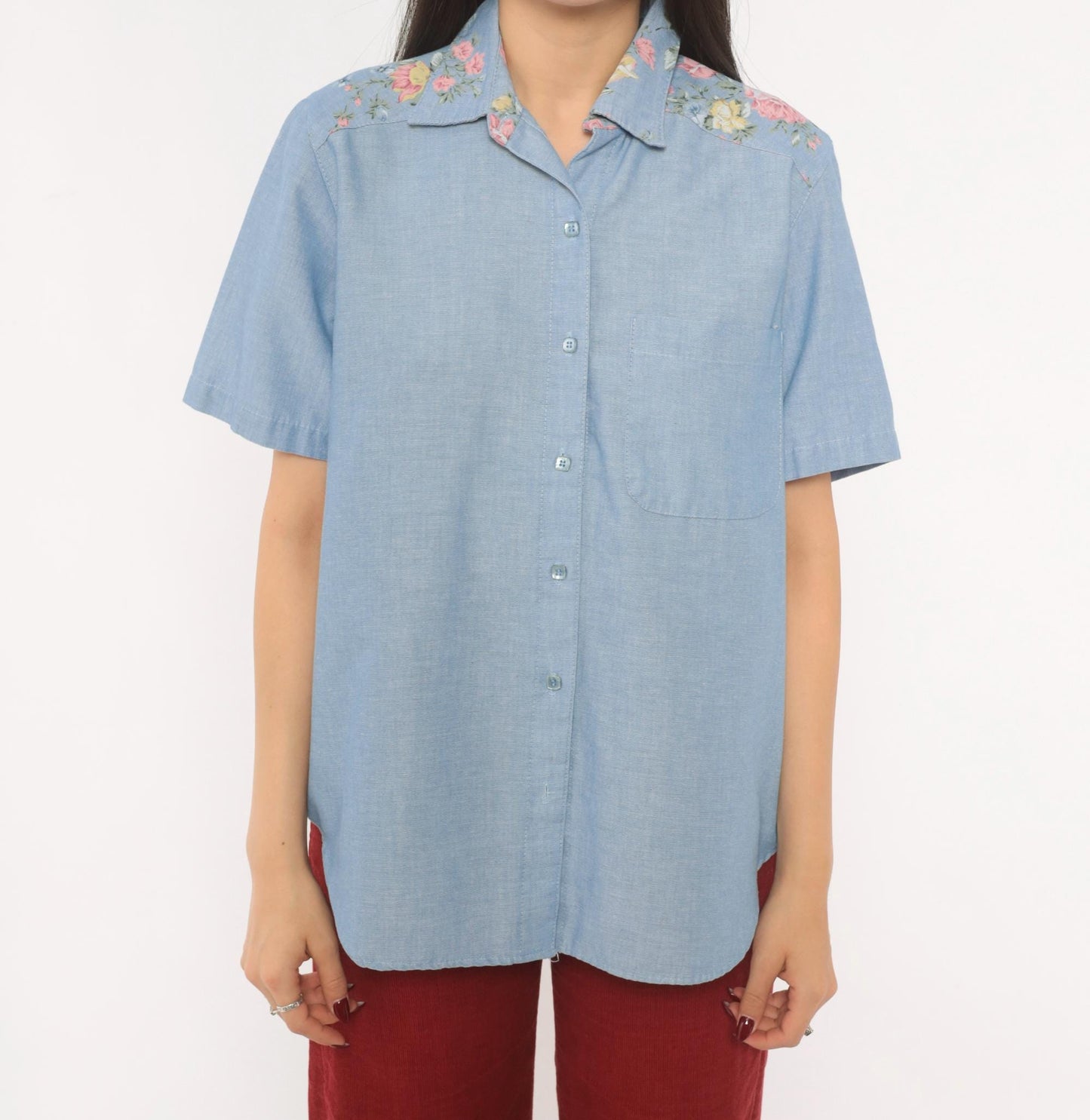90s Alfred Dunner Floral Yoke Chambray Shirt Blue Button Front Medium