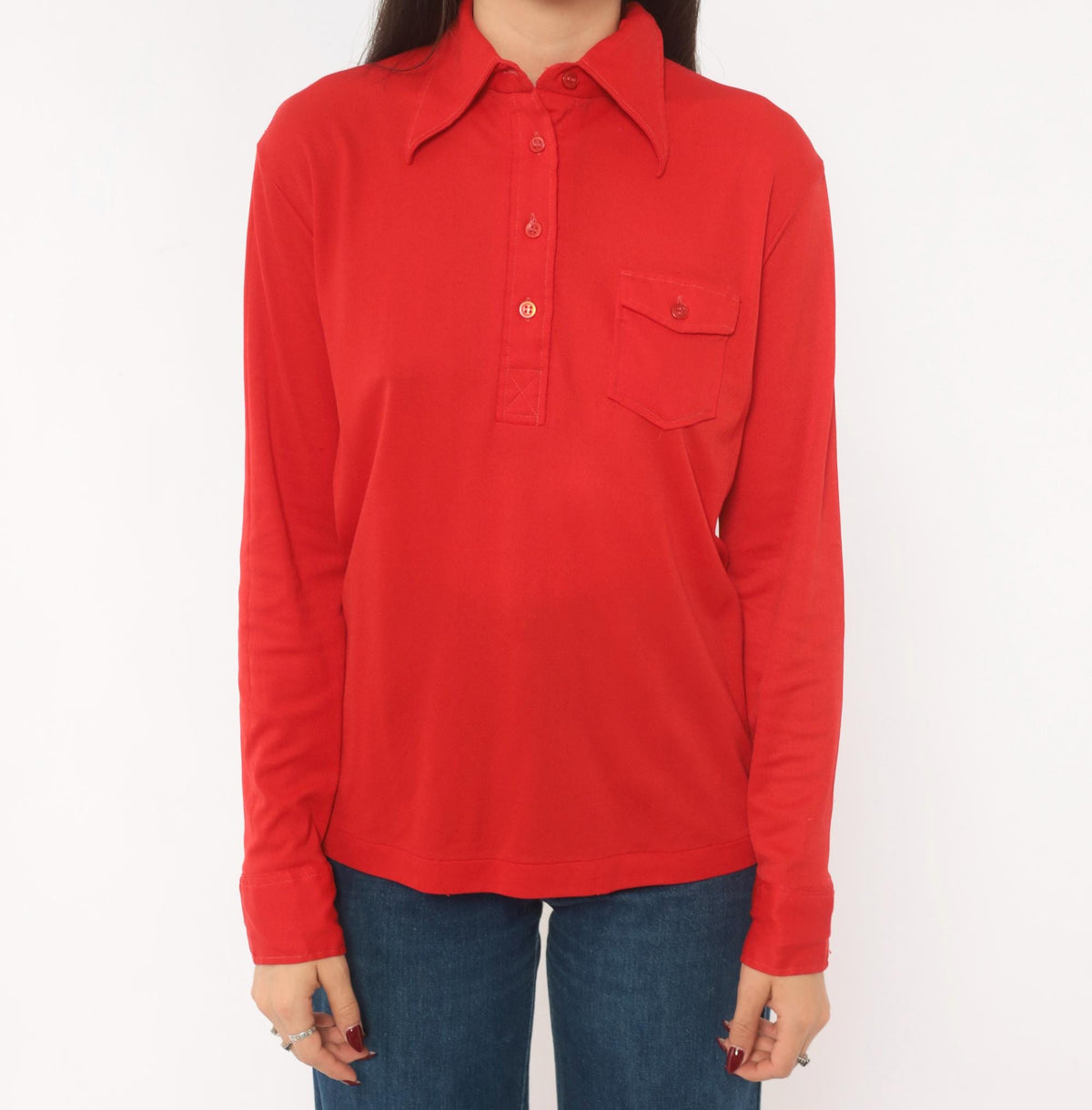 70s K Mart Red Polo Shirt Pointed Collar Long Sleeve Chest Pocket Medium