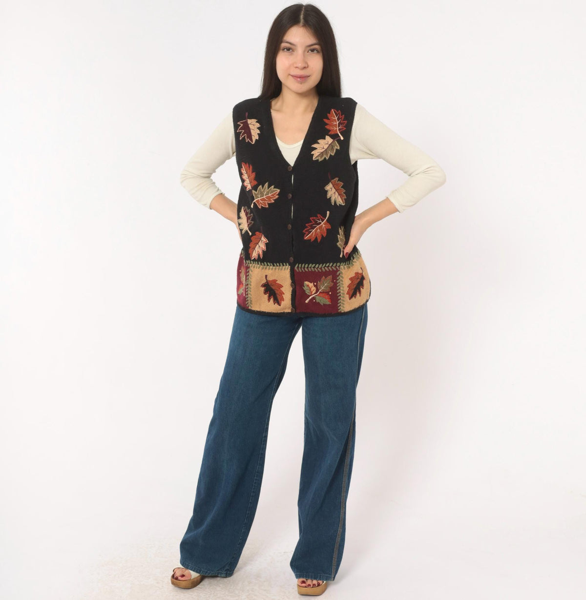 90s Black Knit Vest Autumn Leaves Appliqué Button Front Patchwork Medium M