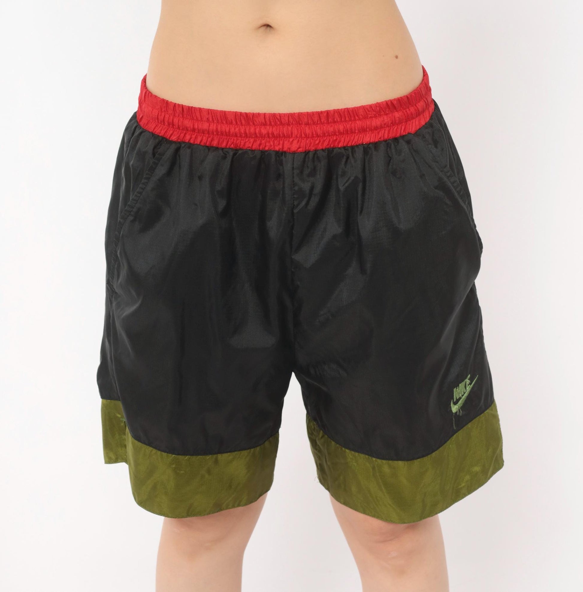 90s Nike Windbreaker Shorts Black Olive Red Color Block Medium M