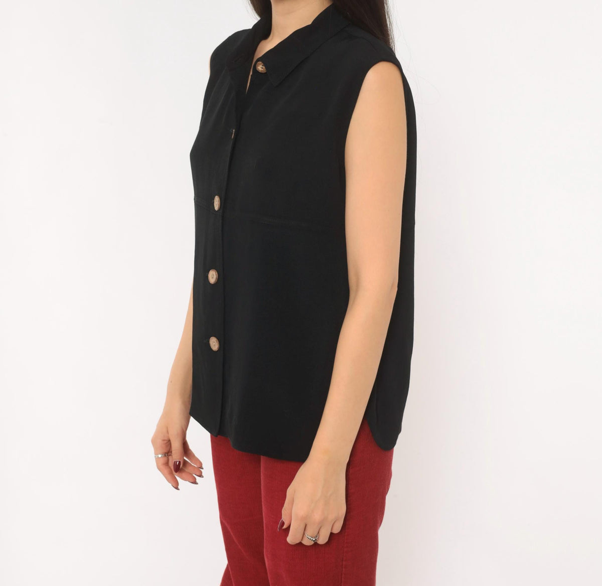90s First Option Black Sleeveless Button Blouse Pointed Collar Medium M