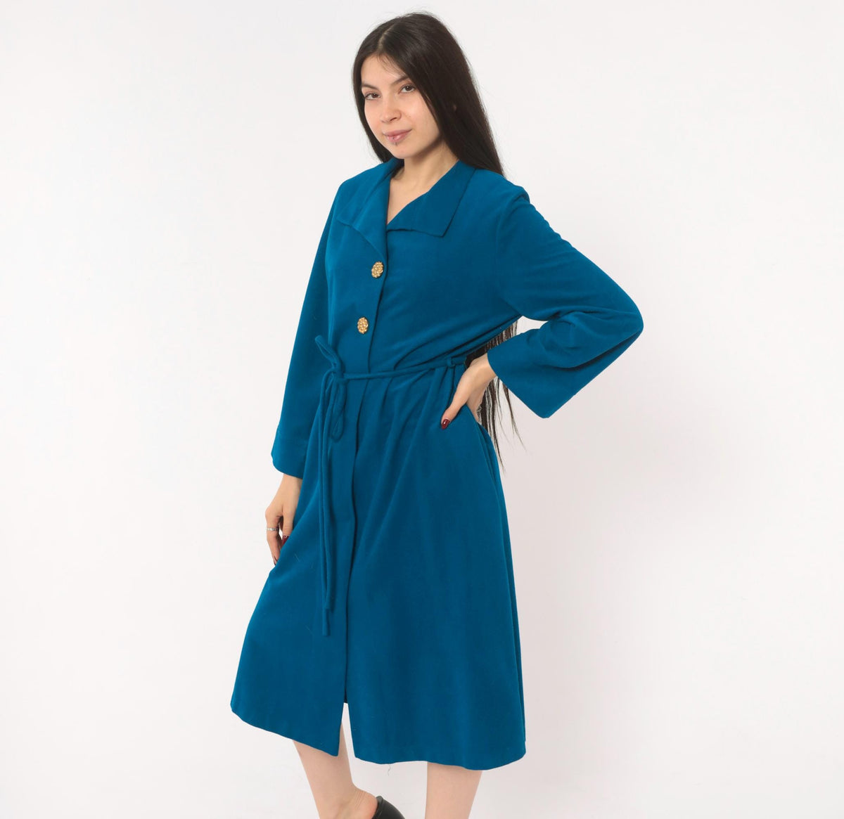 70s Vassarette Cobalt Belted Wrap Coat Knee Length Gold Buttons Medium
