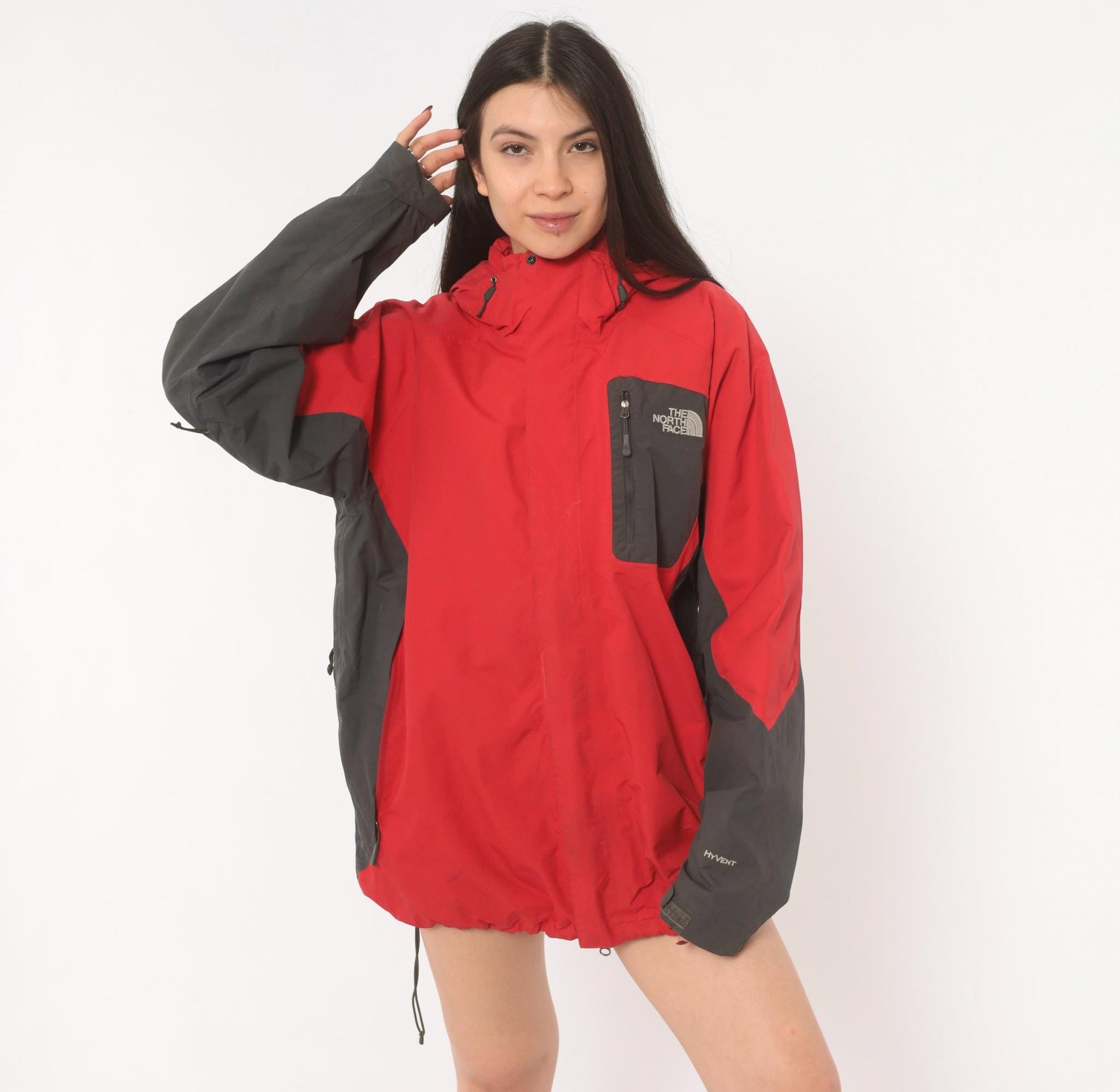 2000s The North Face Red Black HyVent Hooded Windbreaker Large L