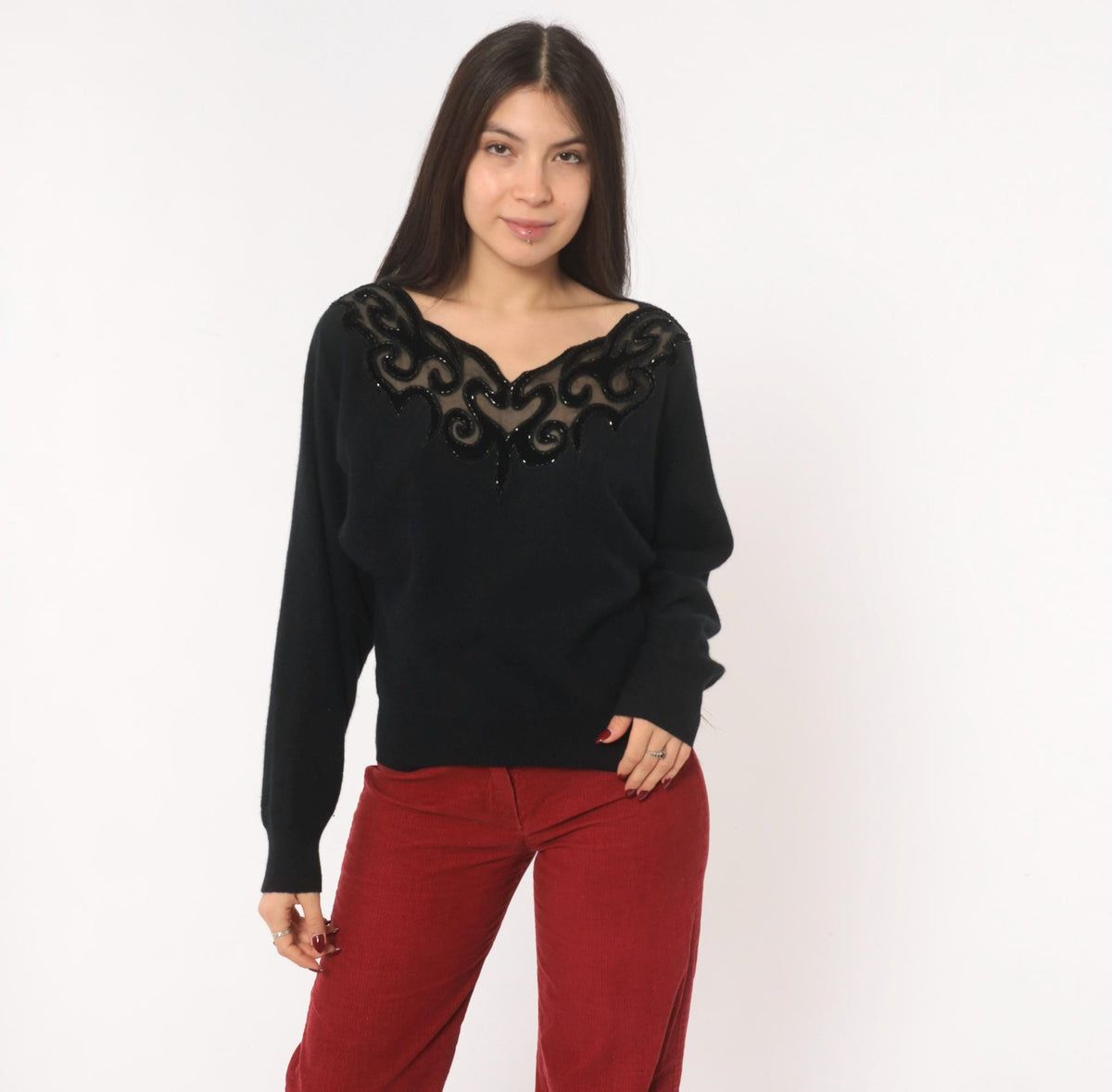 80s Sunbow 2 Black Beaded Mesh V-Neck Angora Pullover Dolman Sleeve Medium