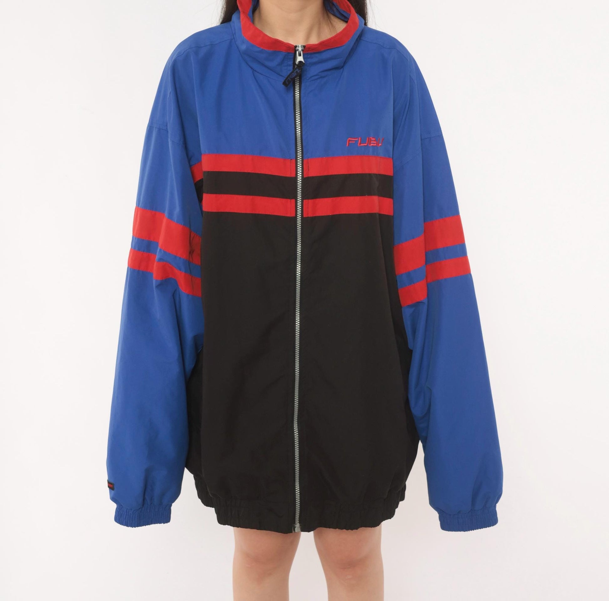 90s FUBU Sports Collection Windbreaker Royal Blue Black Red Colorblock Extra Large XL