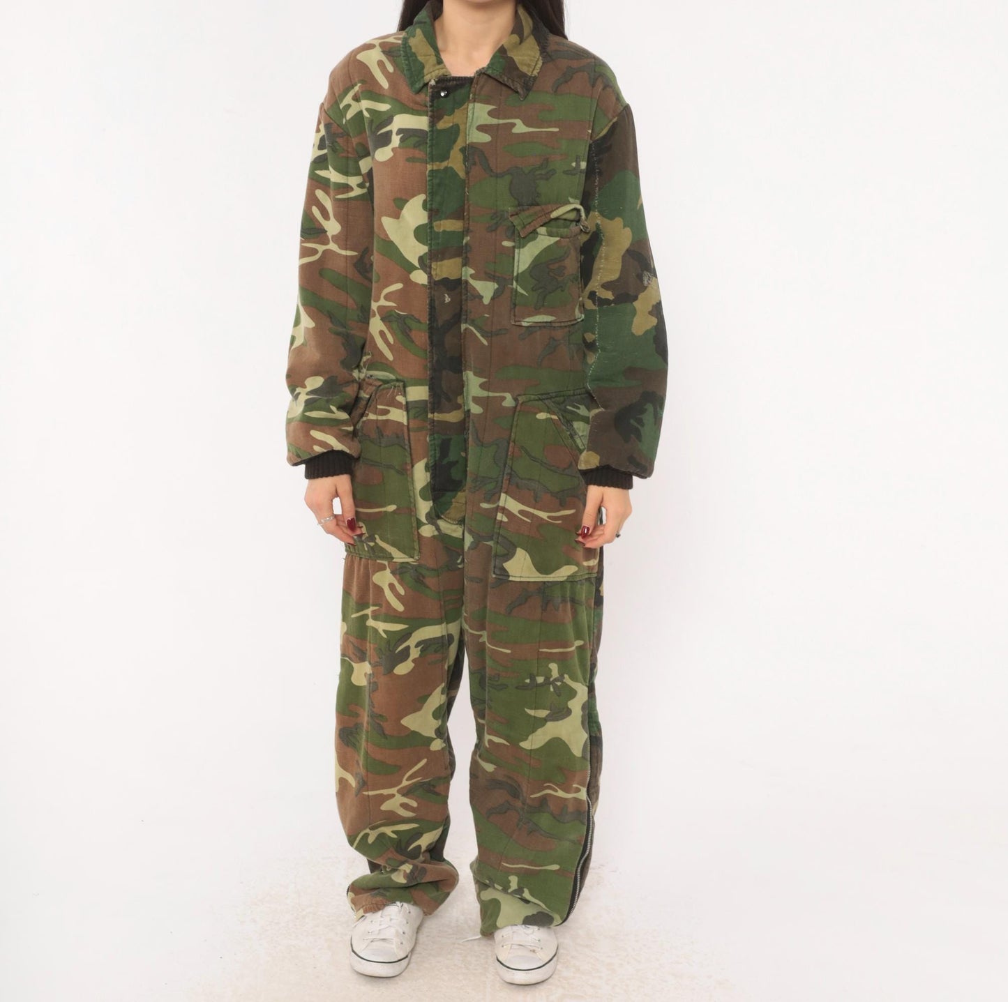 90s Woodland Camouflage Coveralls Zip Front Jumpsuit One Piece Medium