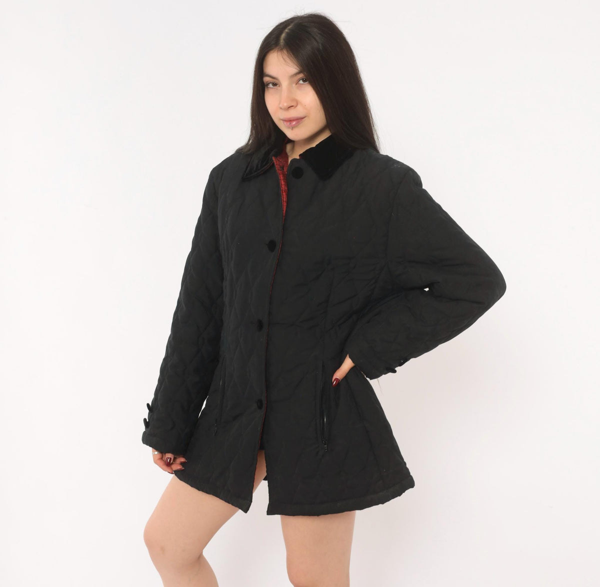 90s Halston Sport Black Quilted Jacket Diamond Stitch Velvet Collar Medium M