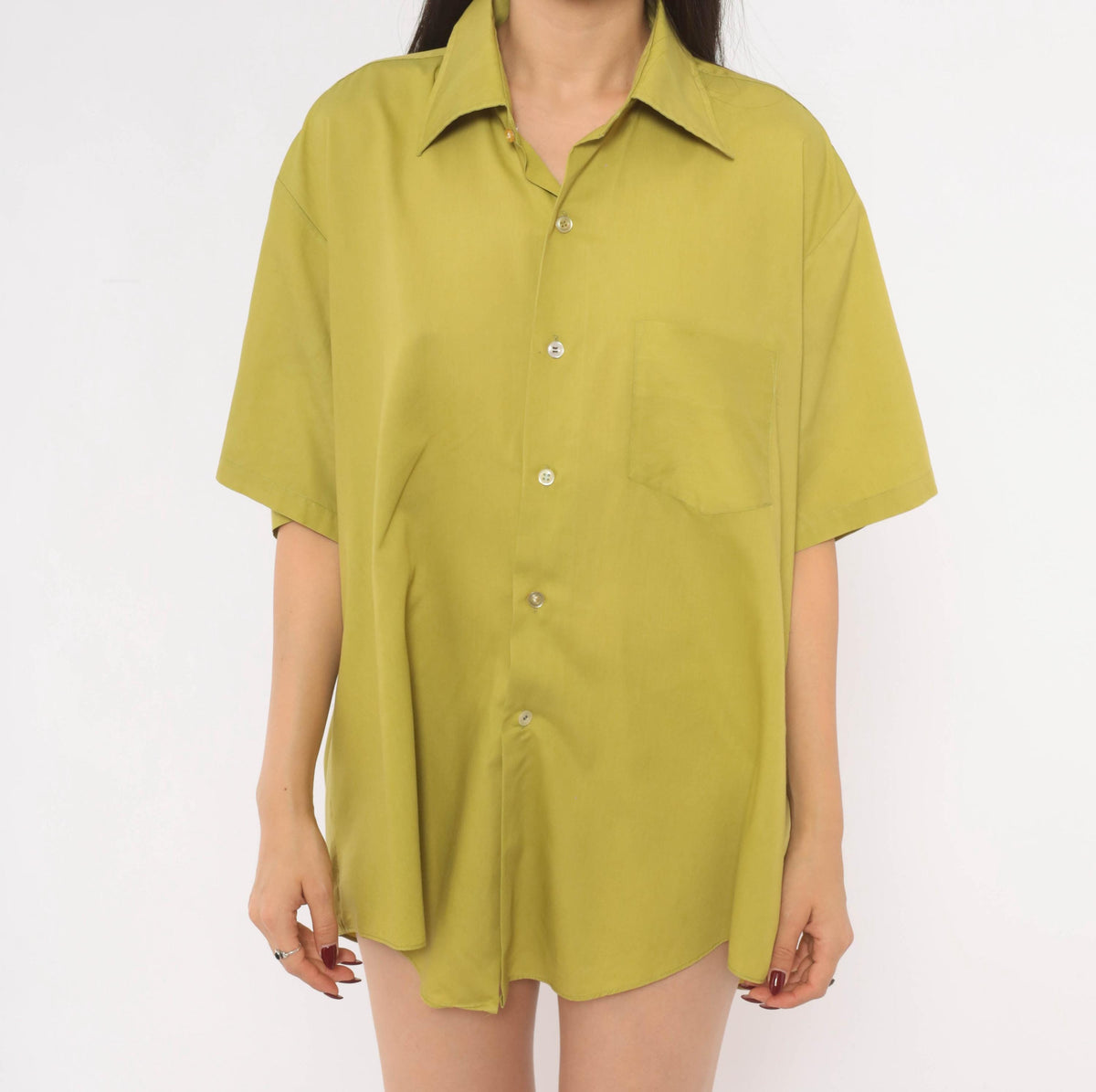 70s Olive Button-Front Camp Shirt Cotton Short Sleeve Moss Green Plus Size XXL