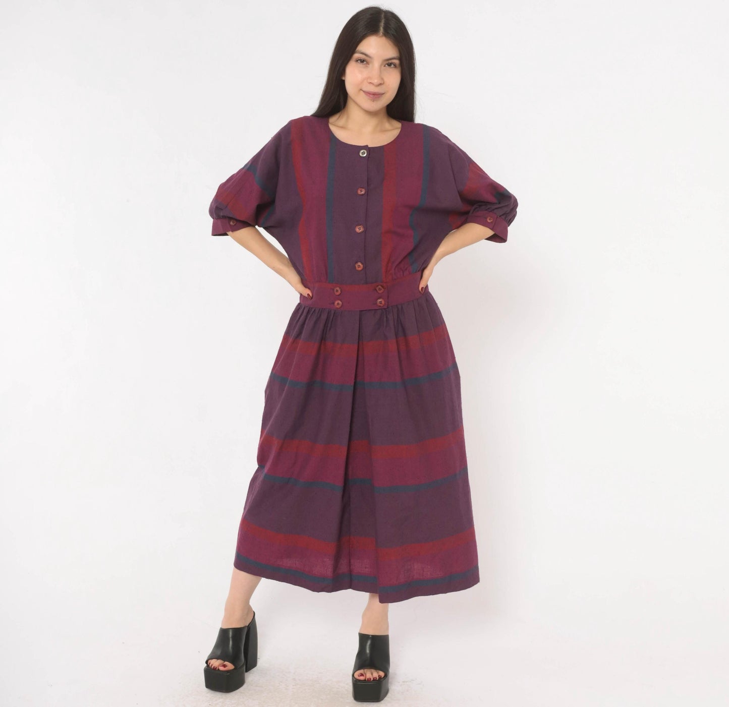 80s David Warren Plaid Midi Dress Purple Burgundy Puff Sleeve Cotton Large L