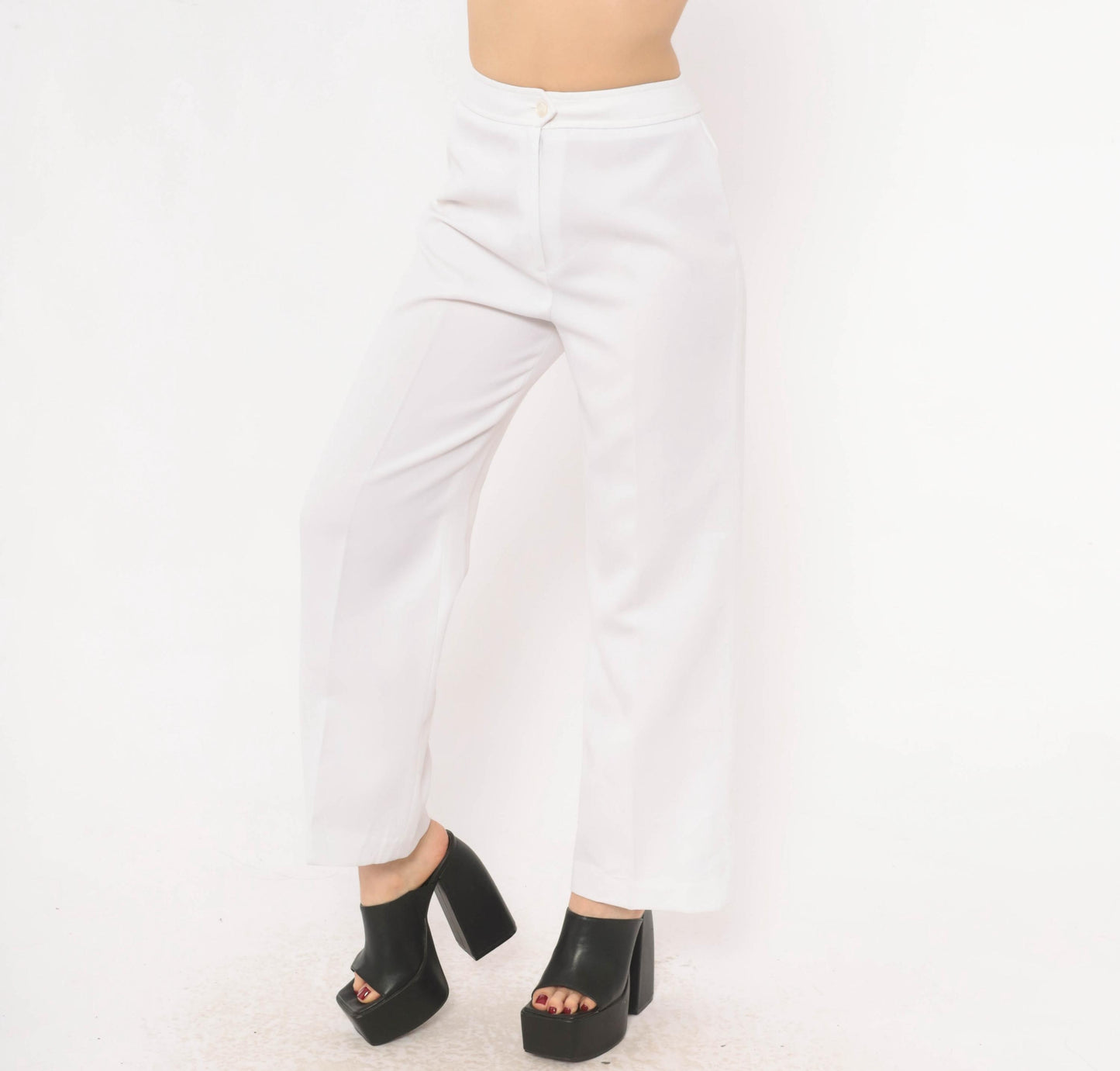 70s White Wide Leg High Rise Trousers Ivory Straight Pressed Crease Small