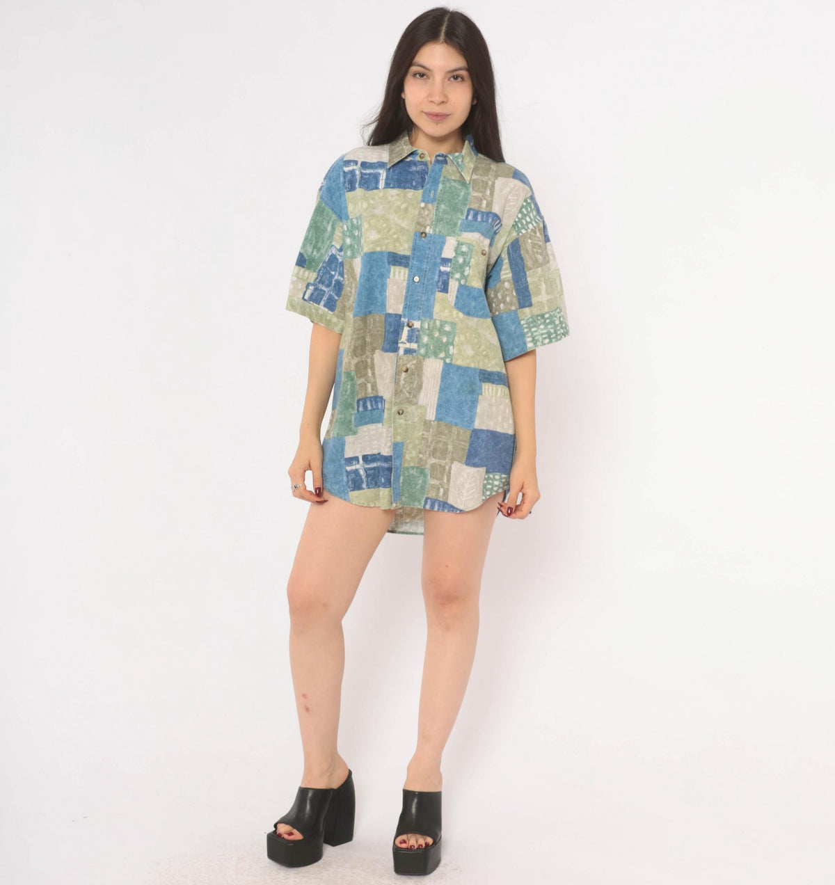 90s Marc Daniels Patchwork Print Button Shirt Cotton Geometric Blue Sage Medium