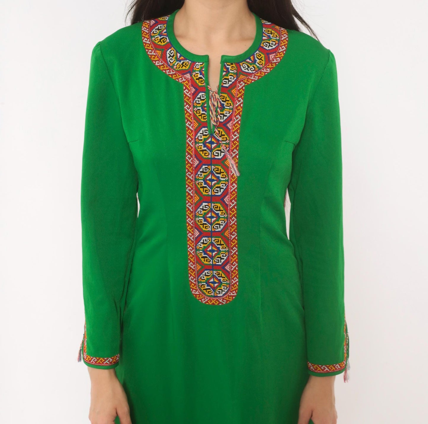 70s Emerald Green Maxi Dress Embroidered Neckline Long Sleeve Kaftan Extra Small XS