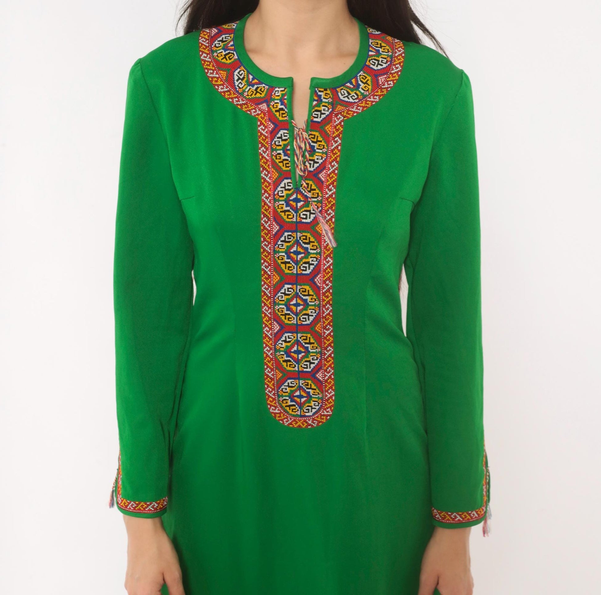 70s Emerald Green Maxi Dress Embroidered Neckline Long Sleeve Kaftan Extra Small XS