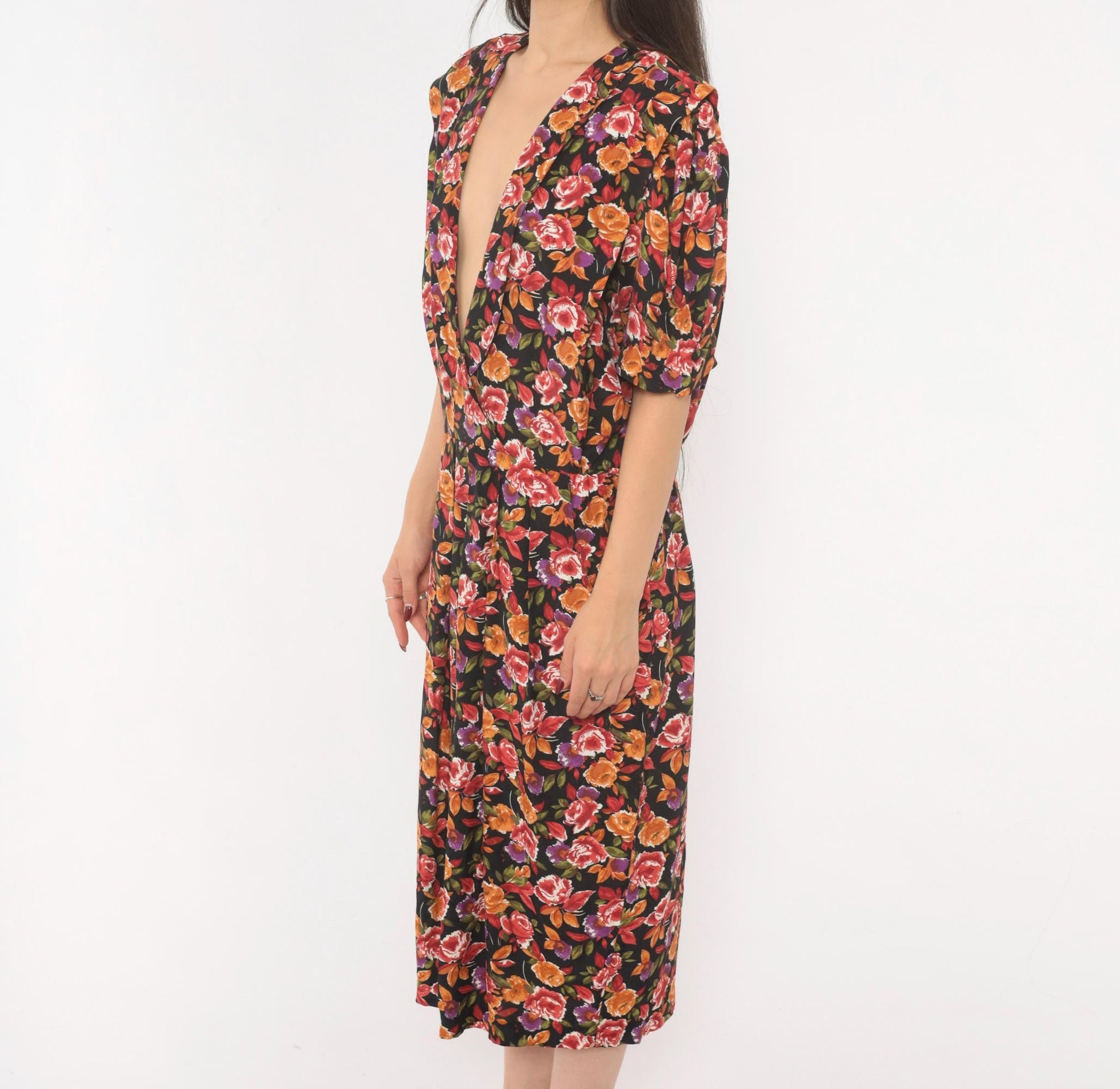 90s R.J. Stevens Floral Wrap Dress Deep V Midi Black Rose Print Large