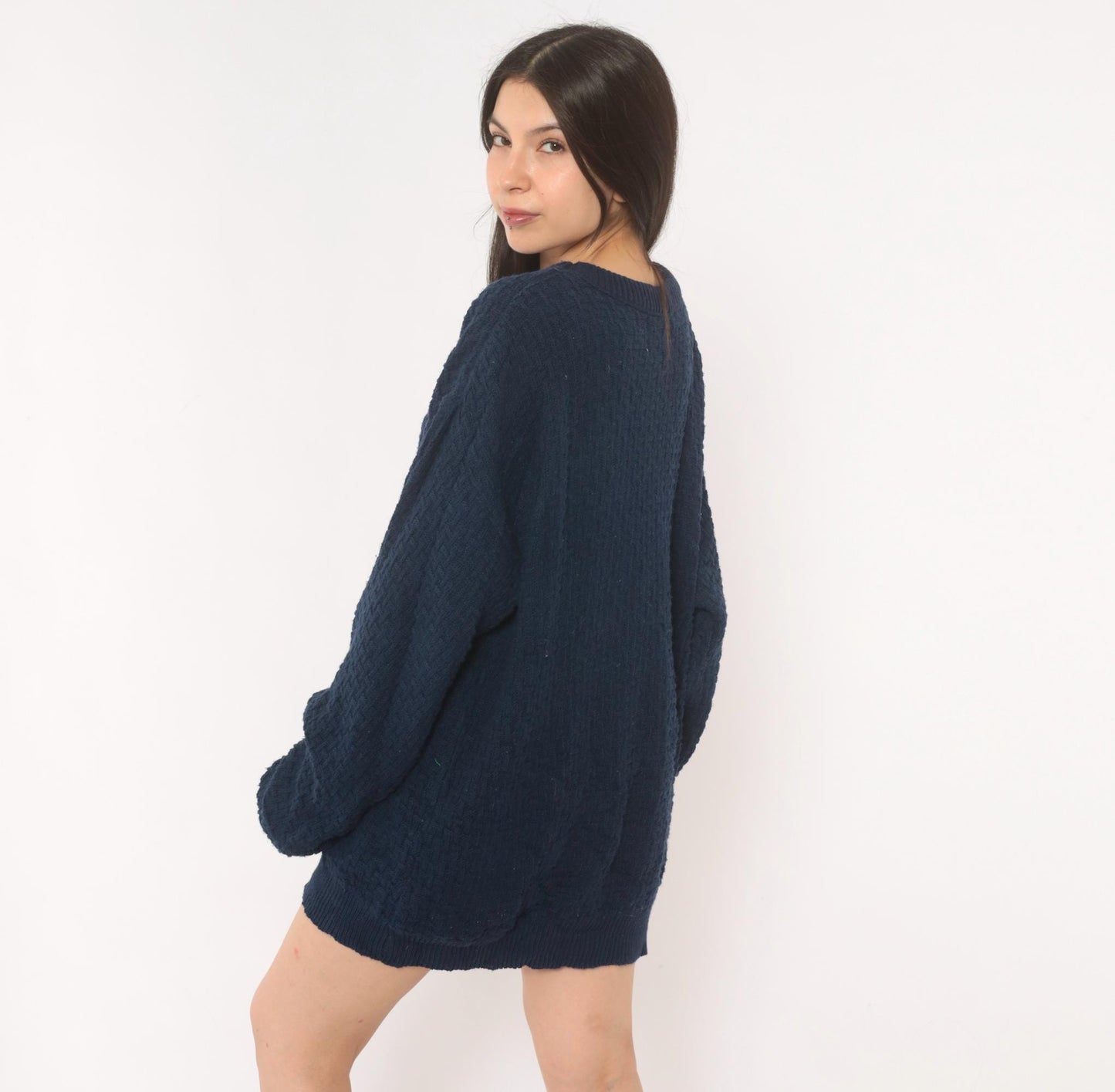 90s Van Heusen Navy Cable Knit Sweater Cotton Crewneck Pullover Large L