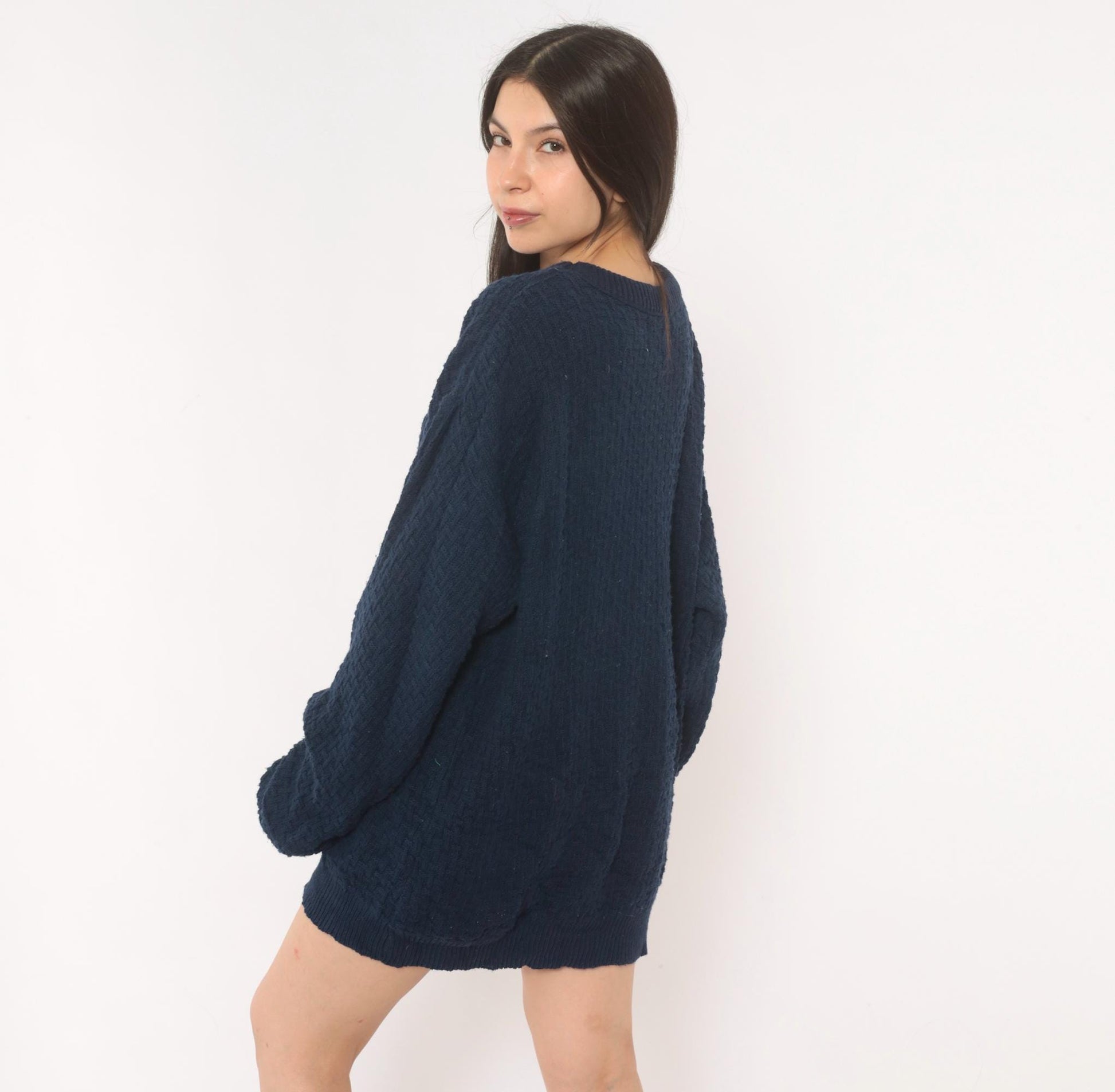 90s Van Heusen Navy Cable Knit Sweater Cotton Crewneck Pullover Large L