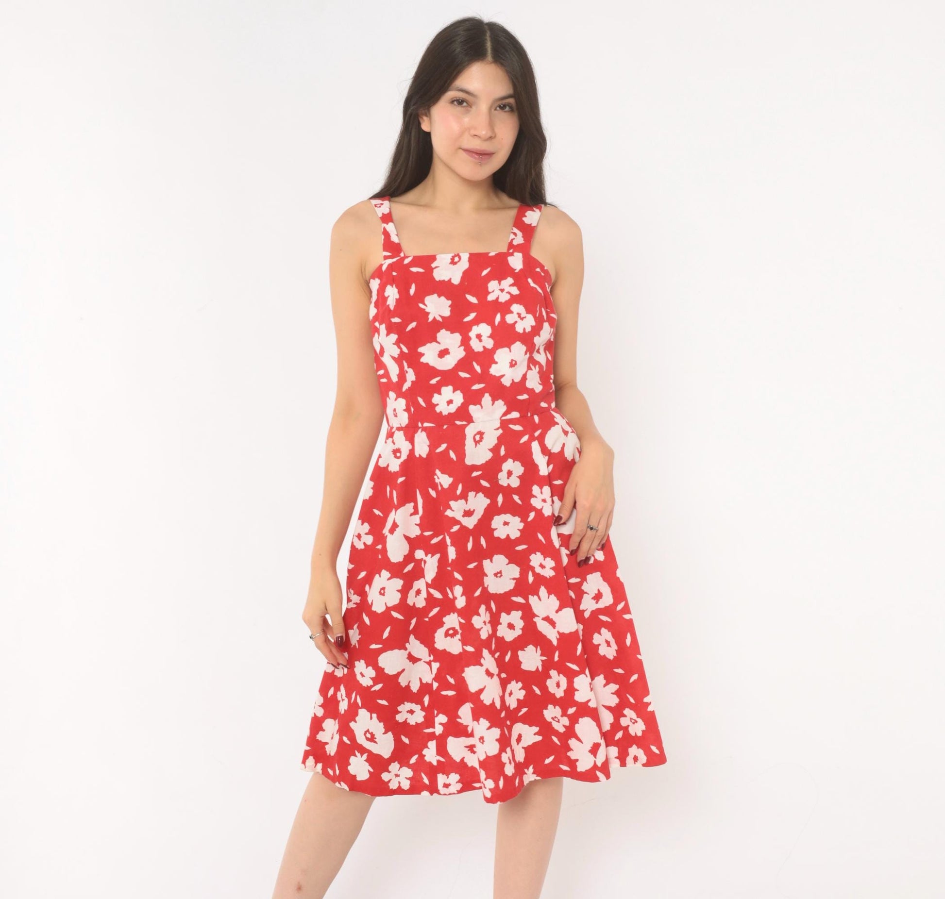 80s Red Floral Cotton Sundress White Square Neck A-Line Knee Length Extra Small XS