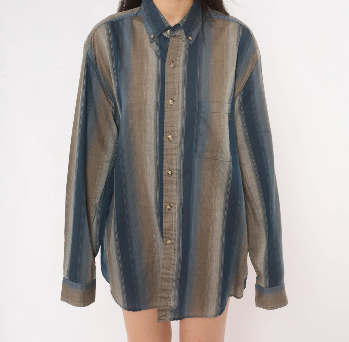 80s Mcgregor Striped Button Down Oxford Shirt Navy Taupe Brown Large L