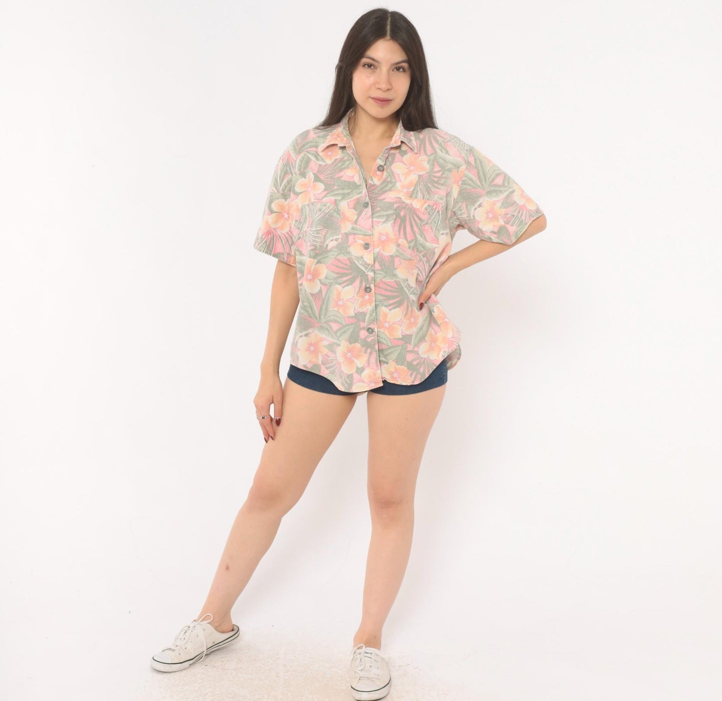90s Essentials Sport Hawaiian Shirt Pink Coral Floral Camp Collar Cotton Large L