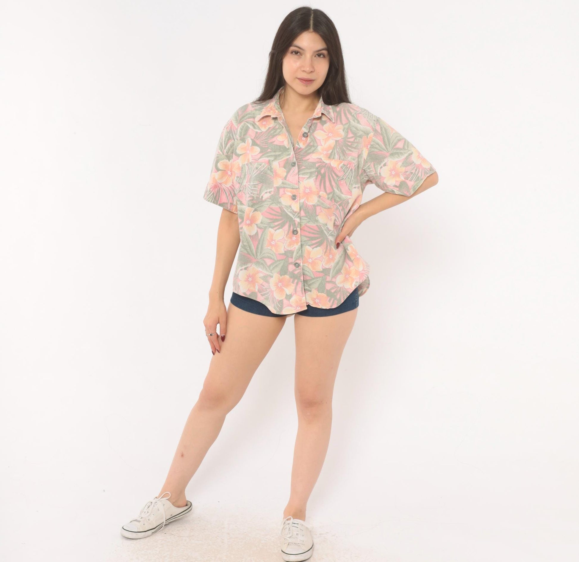 90s Essentials Sport Hawaiian Shirt Pink Coral Floral Camp Collar Cotton Large L