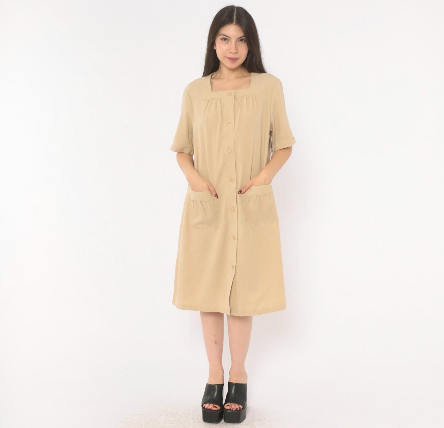 2000s The Tog Shop Petites Button Front Shift Dress Tan Square Neck Medium