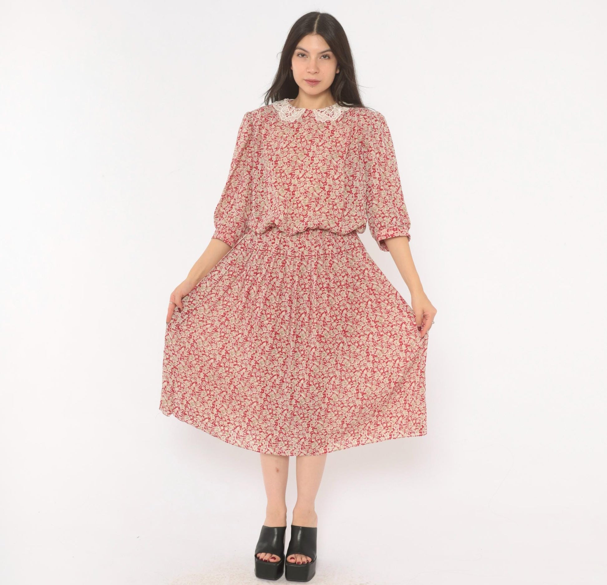 90s Breli Originals Floral Midi Dress Red Cream Lace Collar Puff Sleeve Medium Large