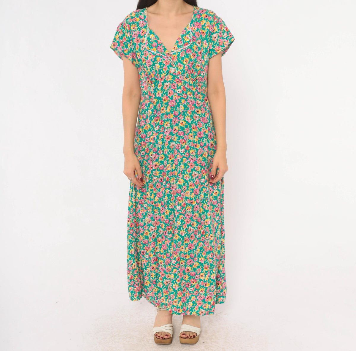 90s Hang Ten Floral Maxi Dress Green Pink Yellow V-Neck Wrap Bodice Large L