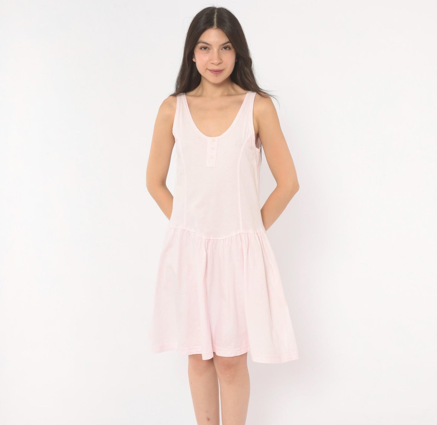 90s Cest Joti Blush Cotton Sundress Drop Waist Henley Neckline Small