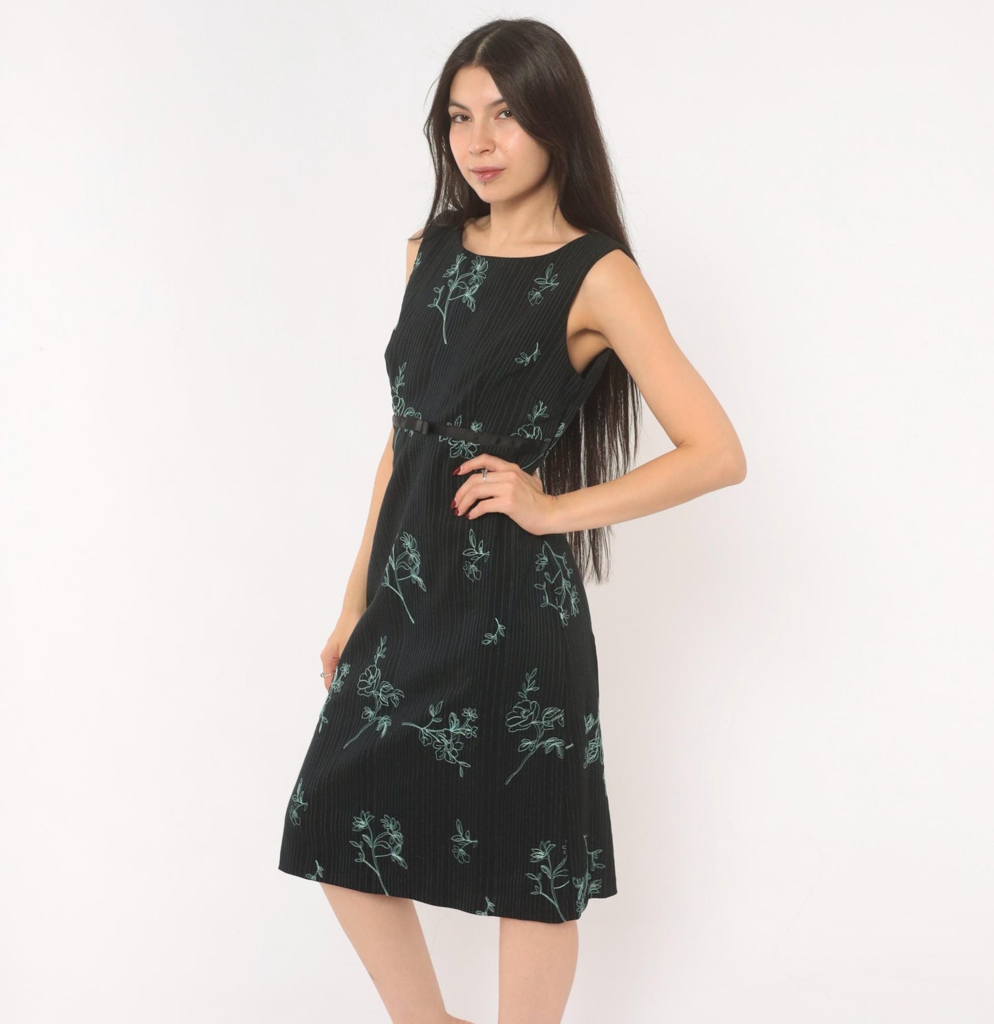 90s Rabbit Black Floral Embroidered A-Line Dress Blue Pinstripe Medium M