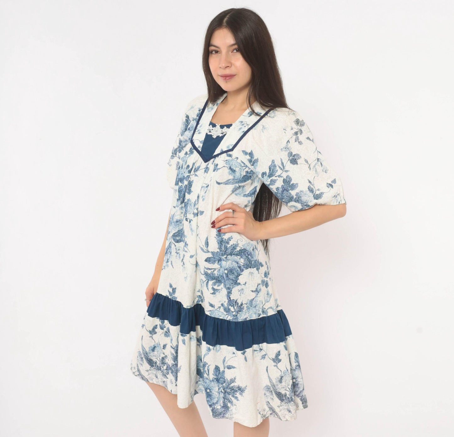 80s Liberty House Blue Floral Toile Cotton Dress V-Neck Puff Sleeve Extra Small XS