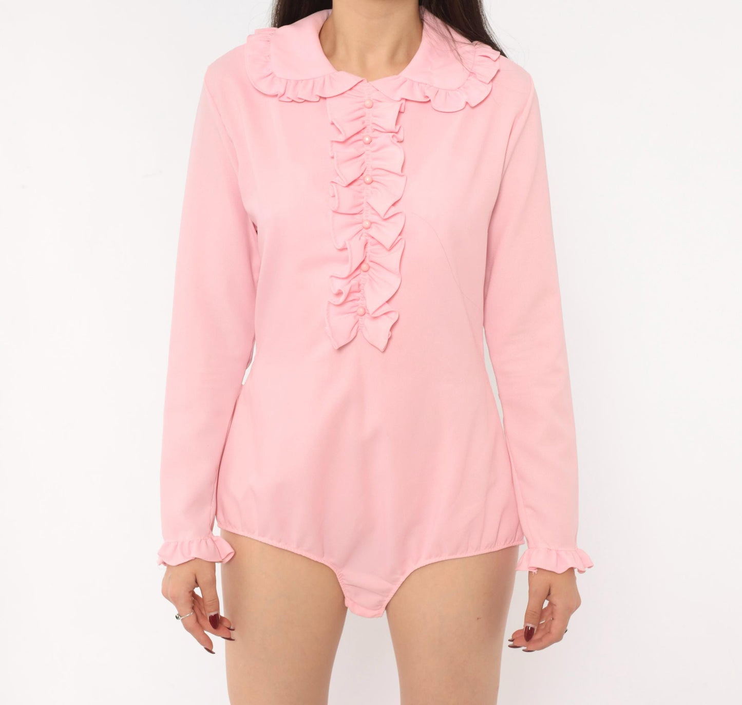 70s Pink Ruffle Bodysuit Peter Pan Collar Long Sleeve Large L