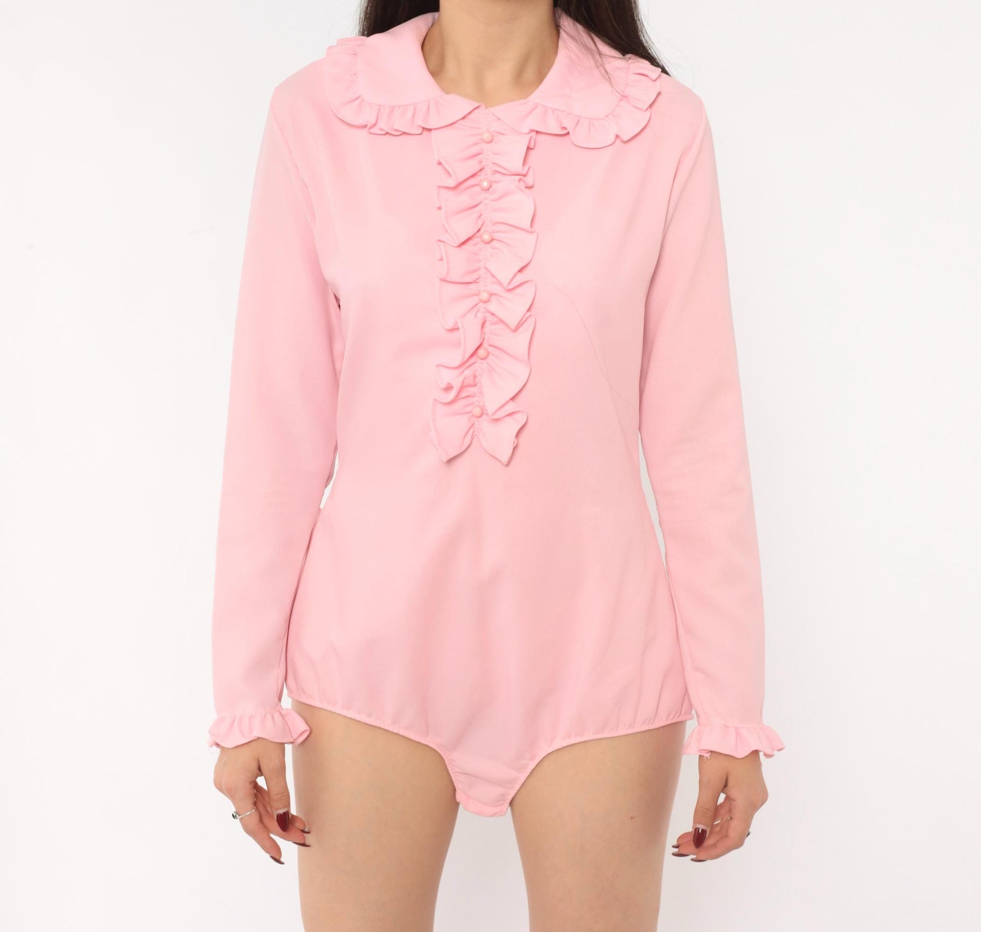 70s Pink Ruffle Bodysuit Peter Pan Collar Long Sleeve Large L