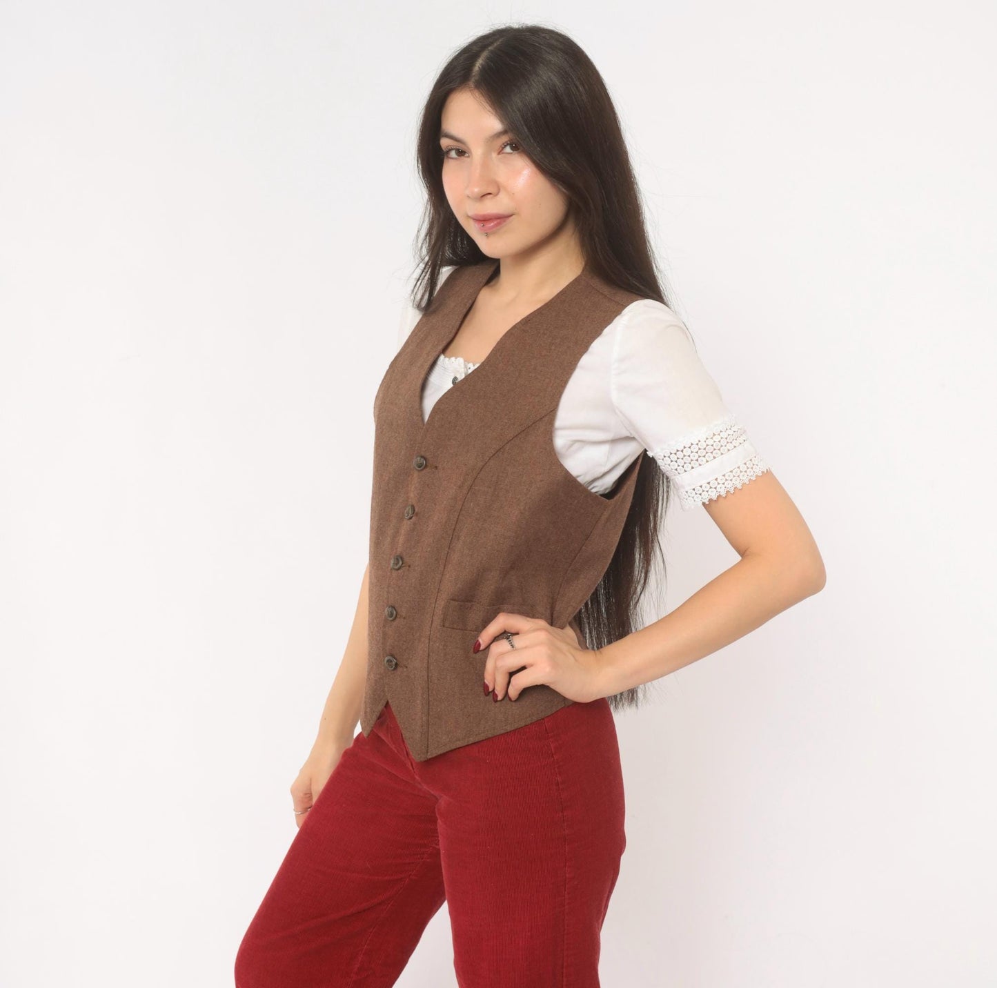 70s Angels Flight Wool Herringbone Vest Brown V-Neck Button Front Small S