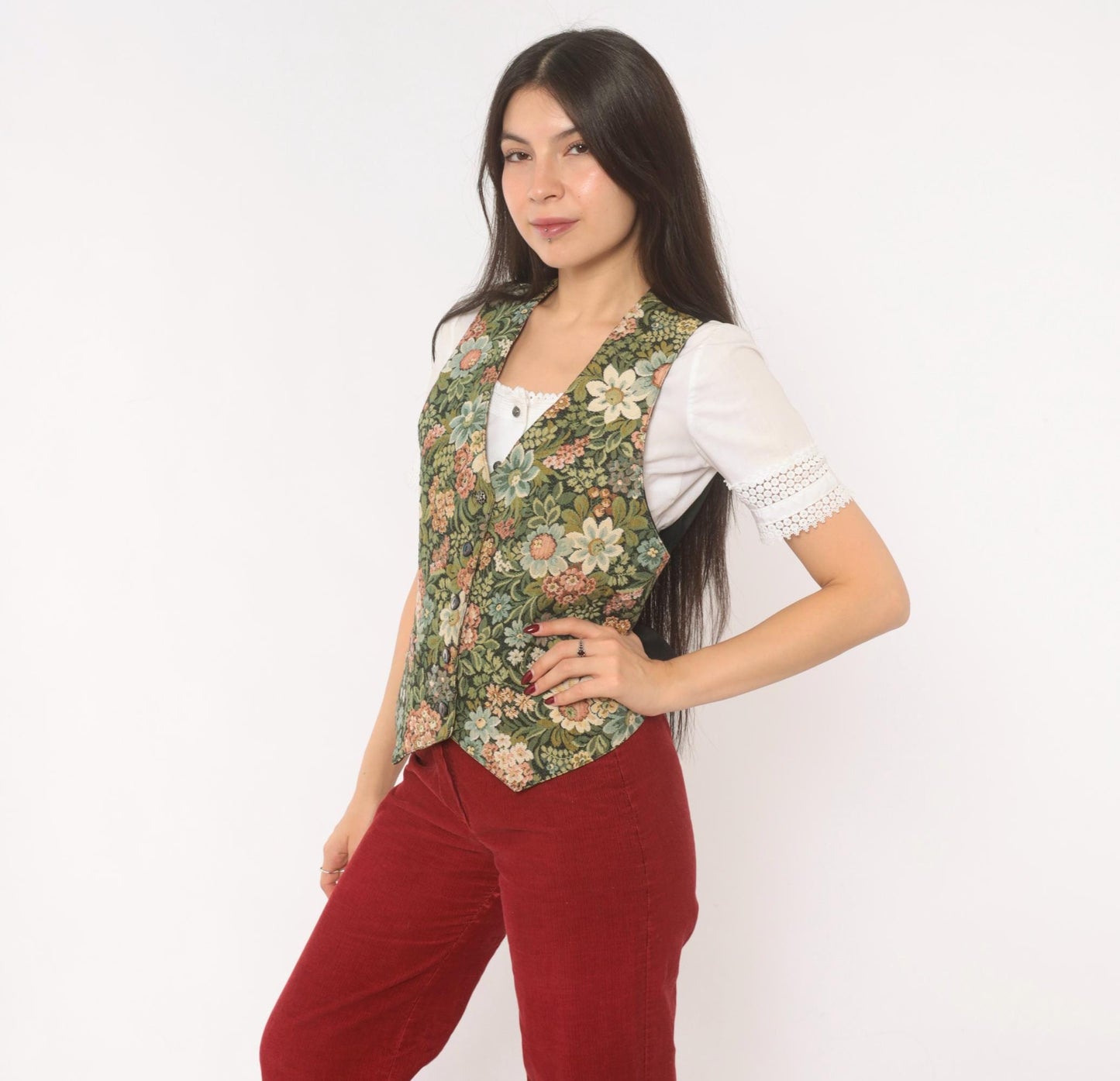 90s Di Di Scott Floral Tapestry Vest Button Front V Neck Olive Green Pink Small