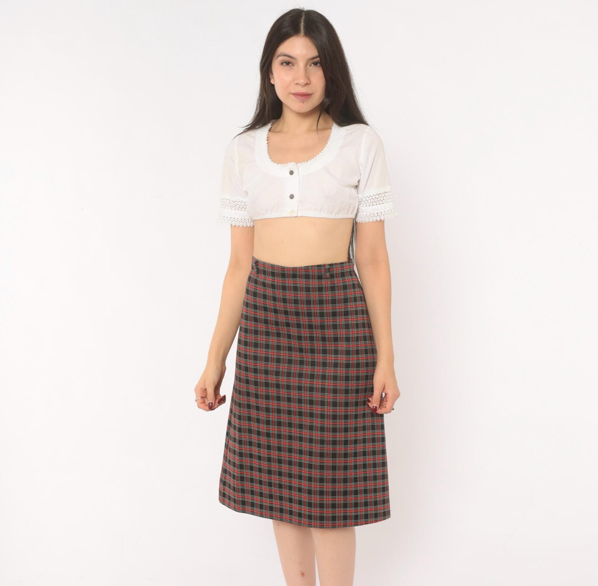 70s Black Red Tartan A-Line Skirt Knee-Length Plaid Preppy Medium