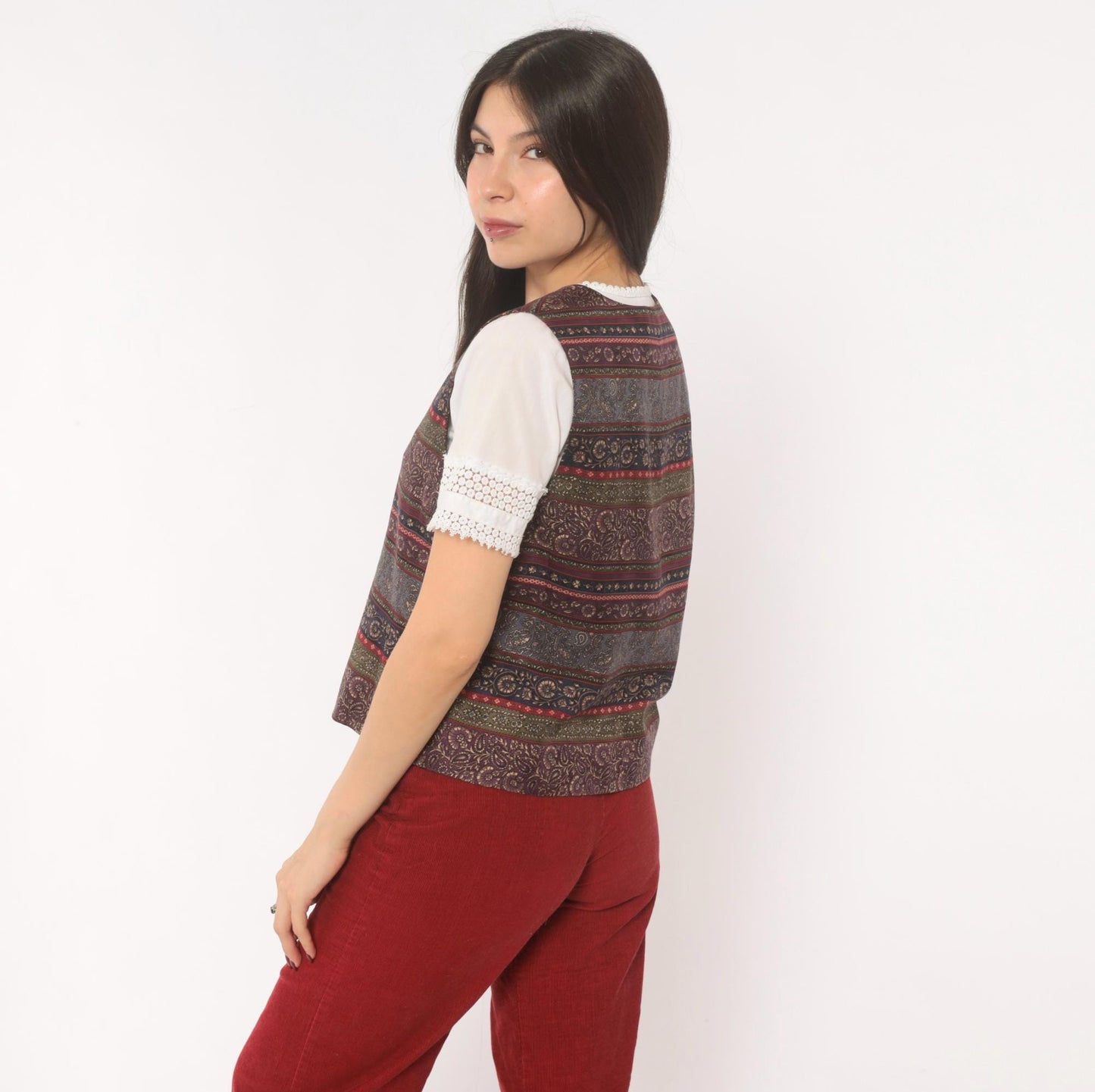 90s Talbots Paisley Silk Vest V-Neck Plum Navy Jacquard Medium M